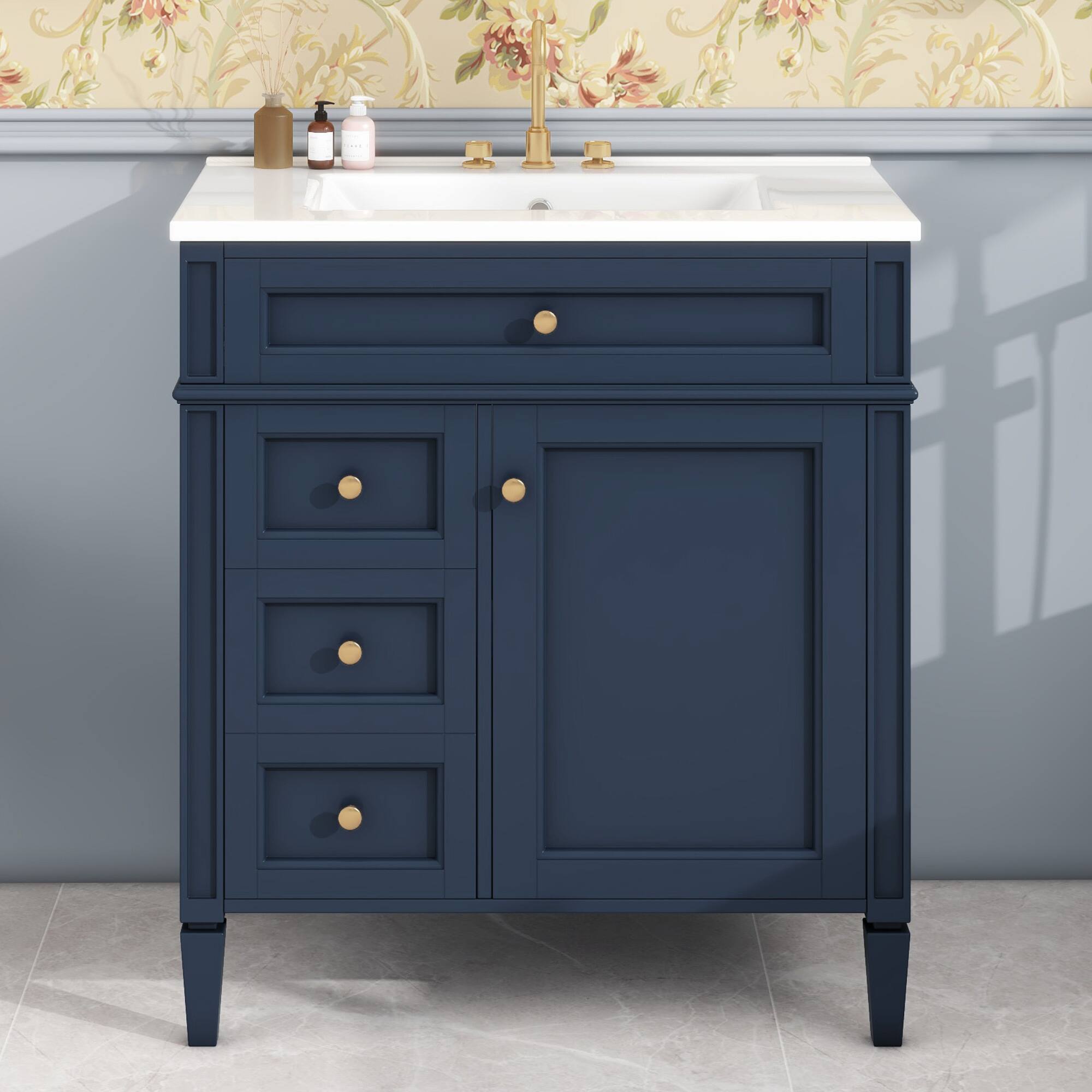 Alt View 9. Glintex - 30'' Bathroom Vanity with Top Sink, 2 Drawers and a Tip-out Drawer, Single Sink Bathroom Vanity - Blue.