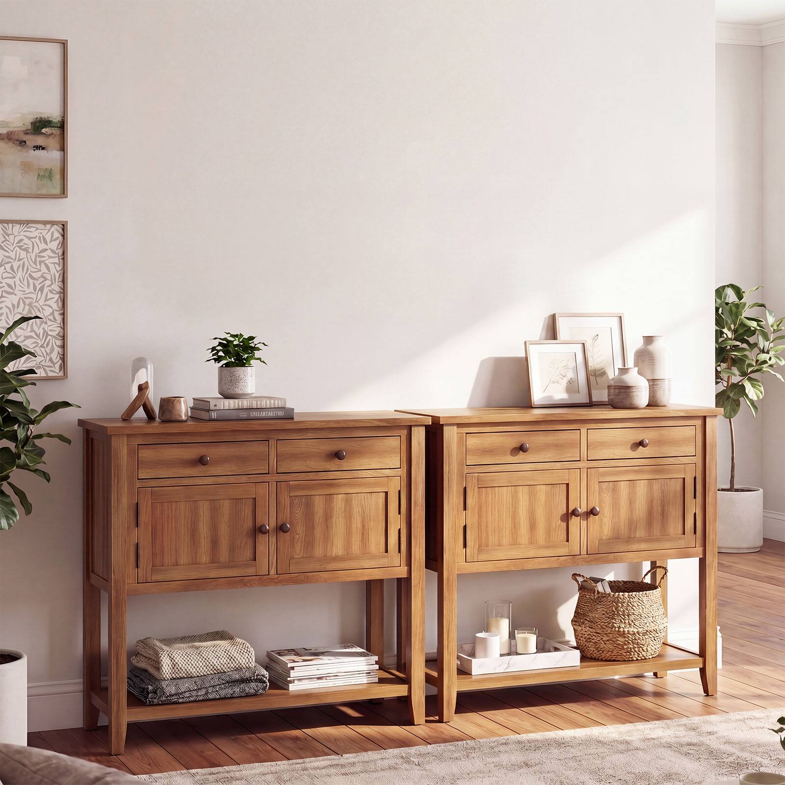 Alt View 3. Costway - Costway Mid-Century Console Table with 2 Drawers, 2 Cabinets & Bottom Shelf for Hallway - Brown.