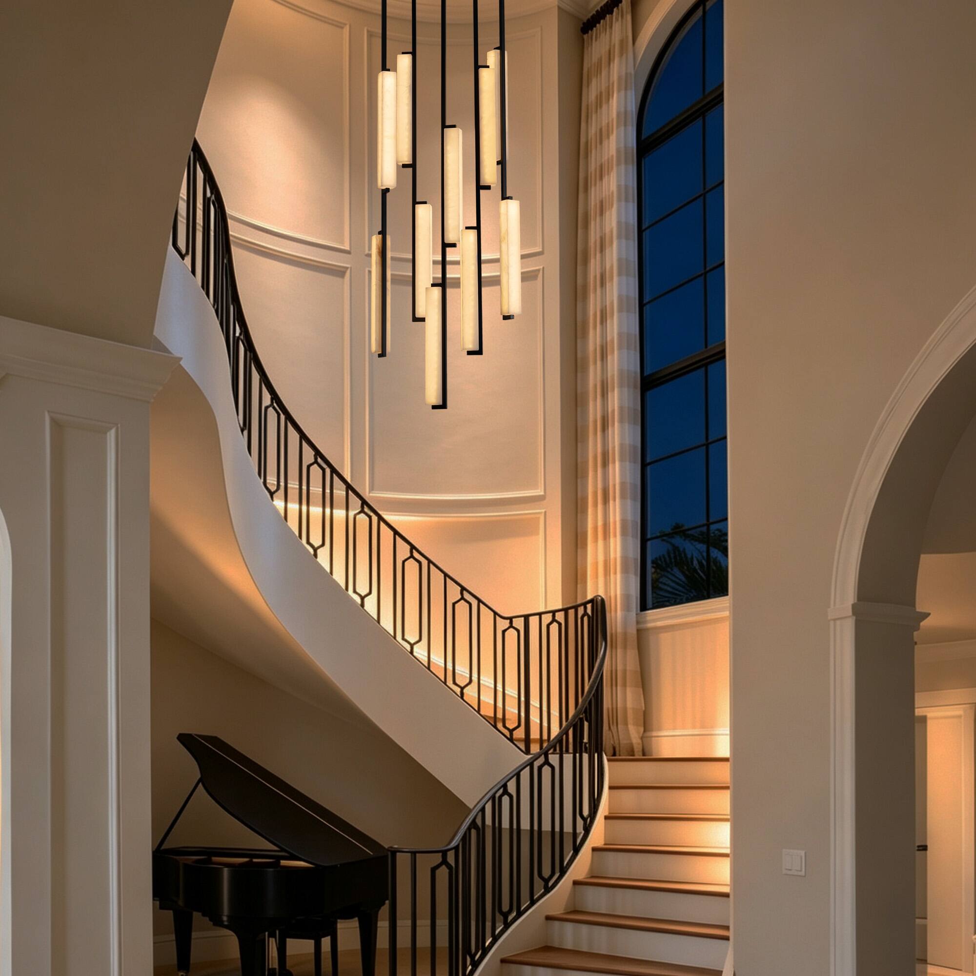 Alt View 3. Siljoy - 24 In Black Alabaster 10-Light LED Staircase Chandelier, 3 Color Changing, for Living Room and High Ceiling Foyer - Black.
