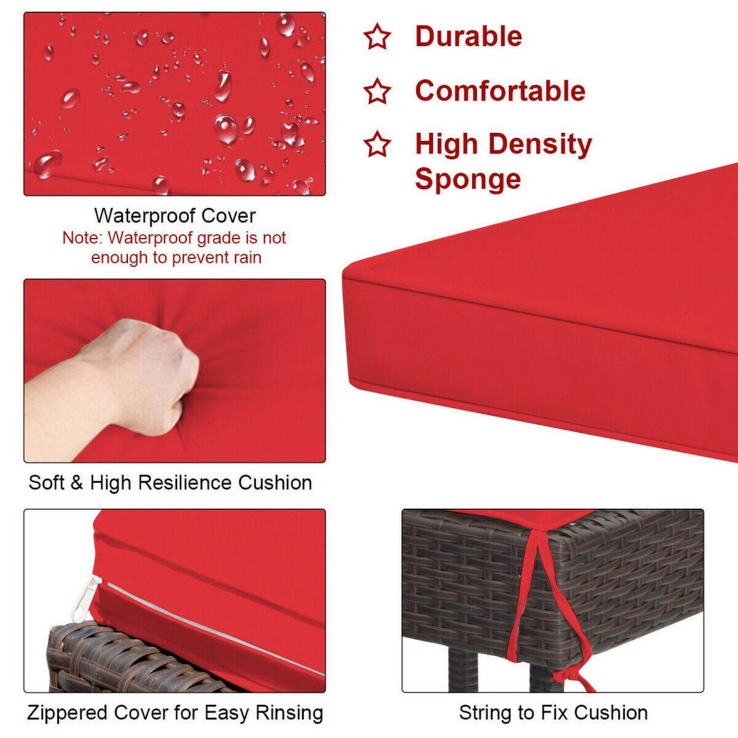 - Durable
- Comfortable
- High Density Sponge

Waterproof Cover  
Note: Waterproof grade is not enough to prevent rain

Soft & High Resilience Cushion

Zippered Cover for Easy Rinsing

String to Fix Cushion