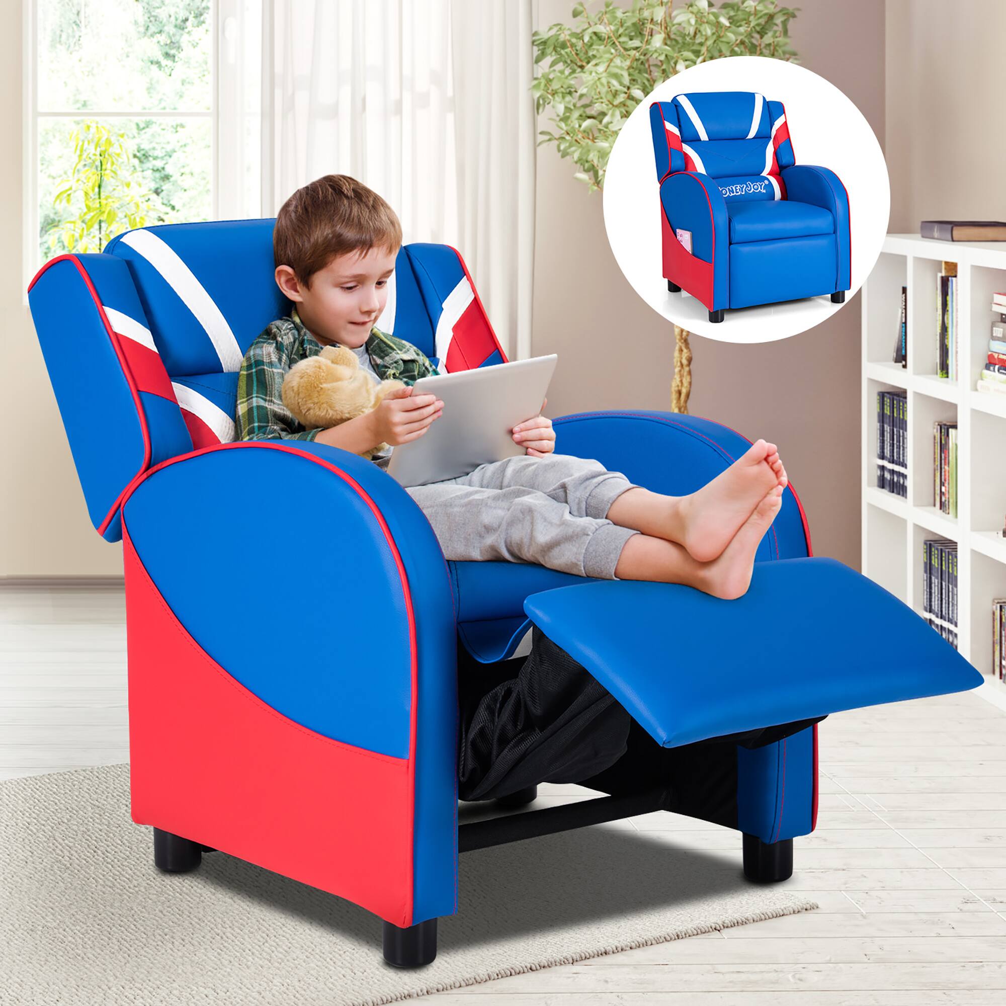 Alt View 3. Costway - Kids Recliner Chair Gaming Sofa PU Leather Armchair w/Side Pockets Blue - Blue.