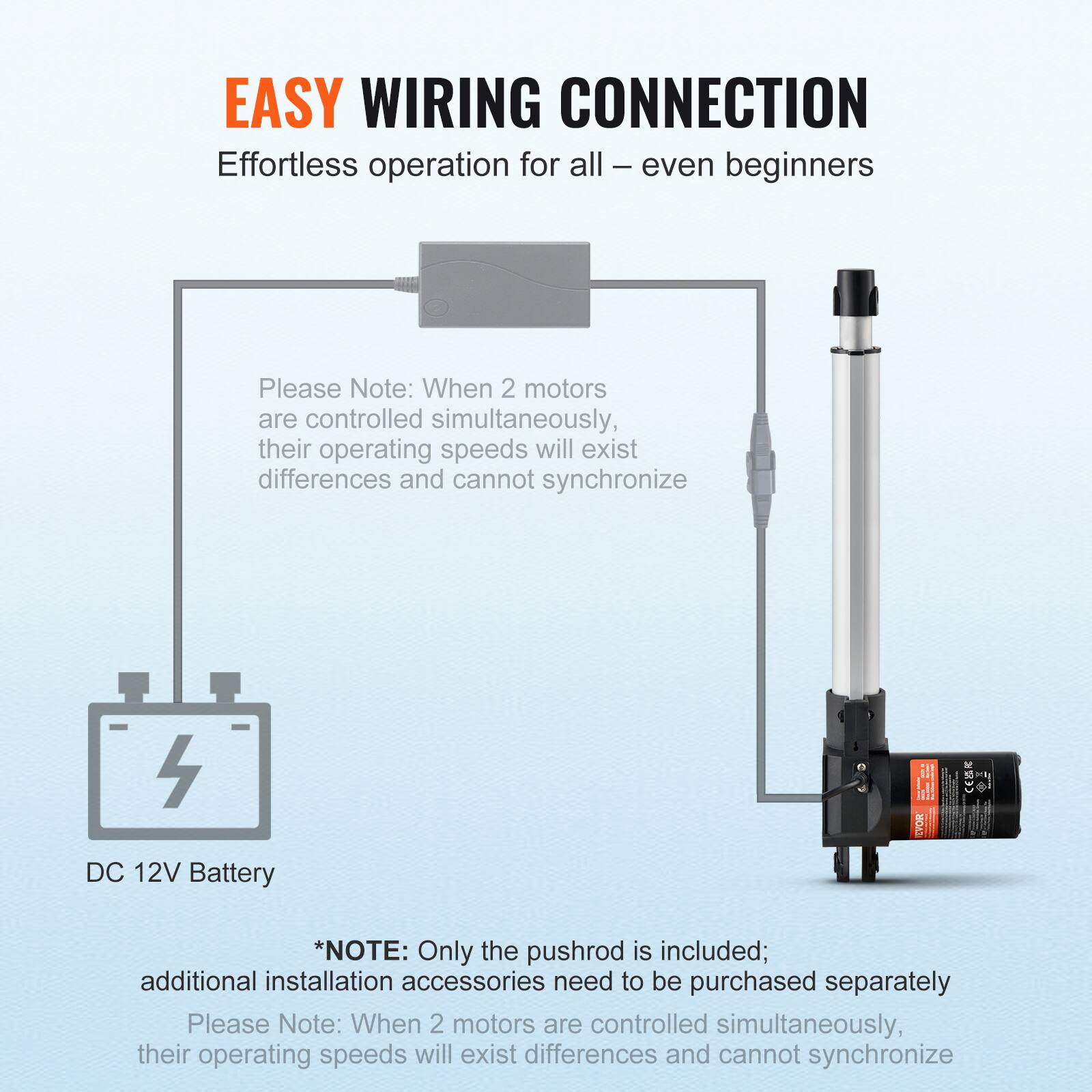 EASY WIRING CONNECTION  
Effortless operation for all – even beginners  

Please Note: When 2 motors are controlled simultaneously, their operating speeds will exist differences and cannot synchronize  

DC 12V Battery  

*NOTE: Only the pushrod is included; additional installation accessories need to be purchased separately  

Please Note: When 2 motors are controlled simultaneously, their operating speeds will exist differences and cannot synchronize