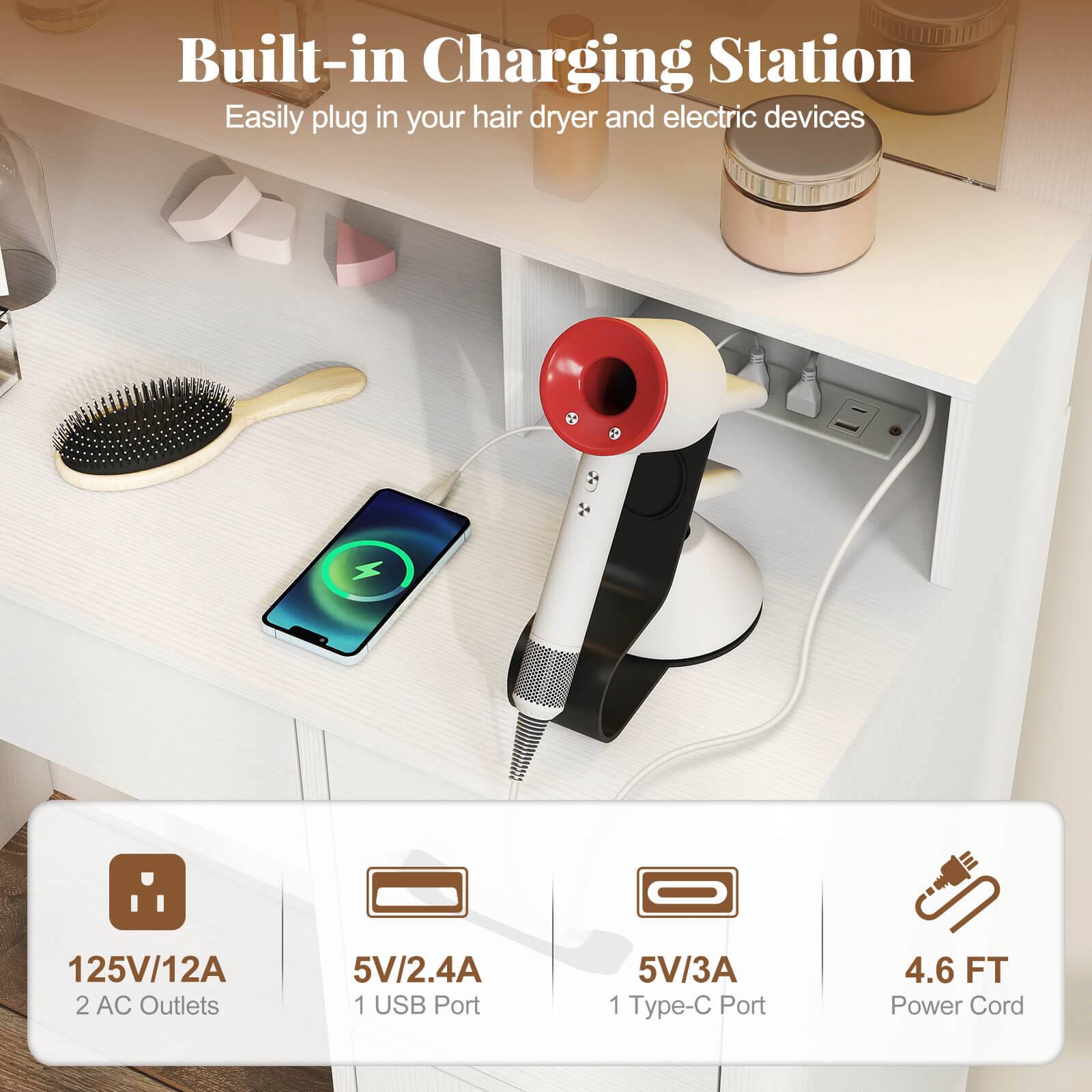 Built-in Charging Station  
Easily plug in your hair dryer and electric devices

- 125V/12A  
  2 AC Outlets

- 5V/2.4A  
  1 USB Port

- 5V/3A  
  1 Type-C Port

- 4.6 FT Power Cord