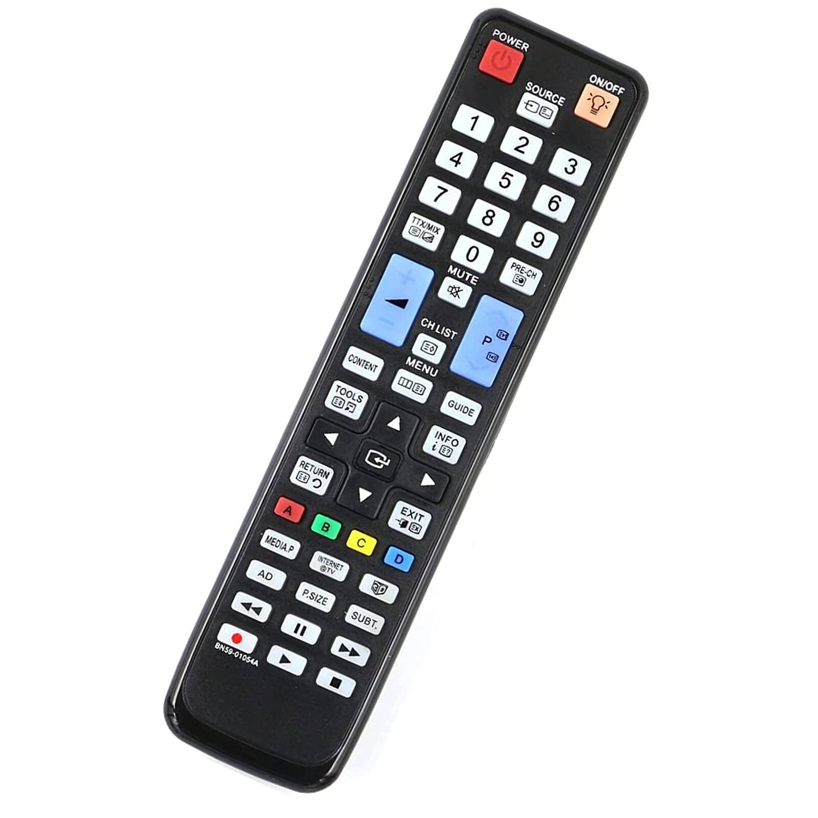 POWER SOURCE ON/OFF  
1 2 3 4 5 6 7 8 9 0  
TTX/MIX CL  
MUTE PRE-CH  
CH LIST  
CONTENT MENU TOOLS  
GUIDE INFO  
RETURN EXIT  
MEDIA P INTERNET D AD TV  
P.SIZE SUBT.  
8N59-01054A OS4A