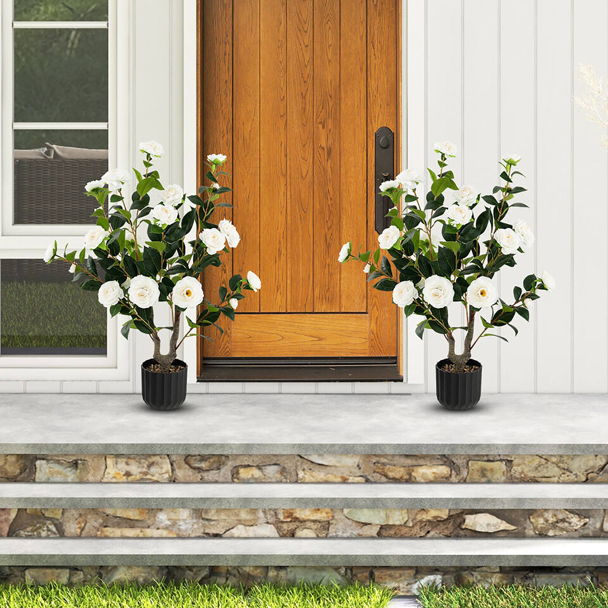 Alt View 1. Gymax - Gymax 2-Pack 38'' Artificial Camellia Tree Faux Floral Plant for Decoration White - White.