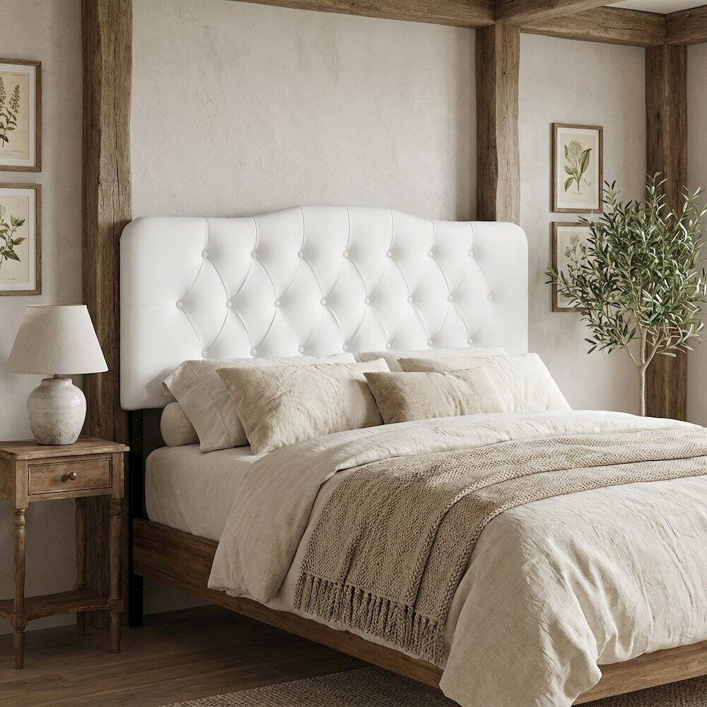 Angle. FurniFact - Upholstered Vinyl Full Headboard with Durable Padding and Classic Design - White.