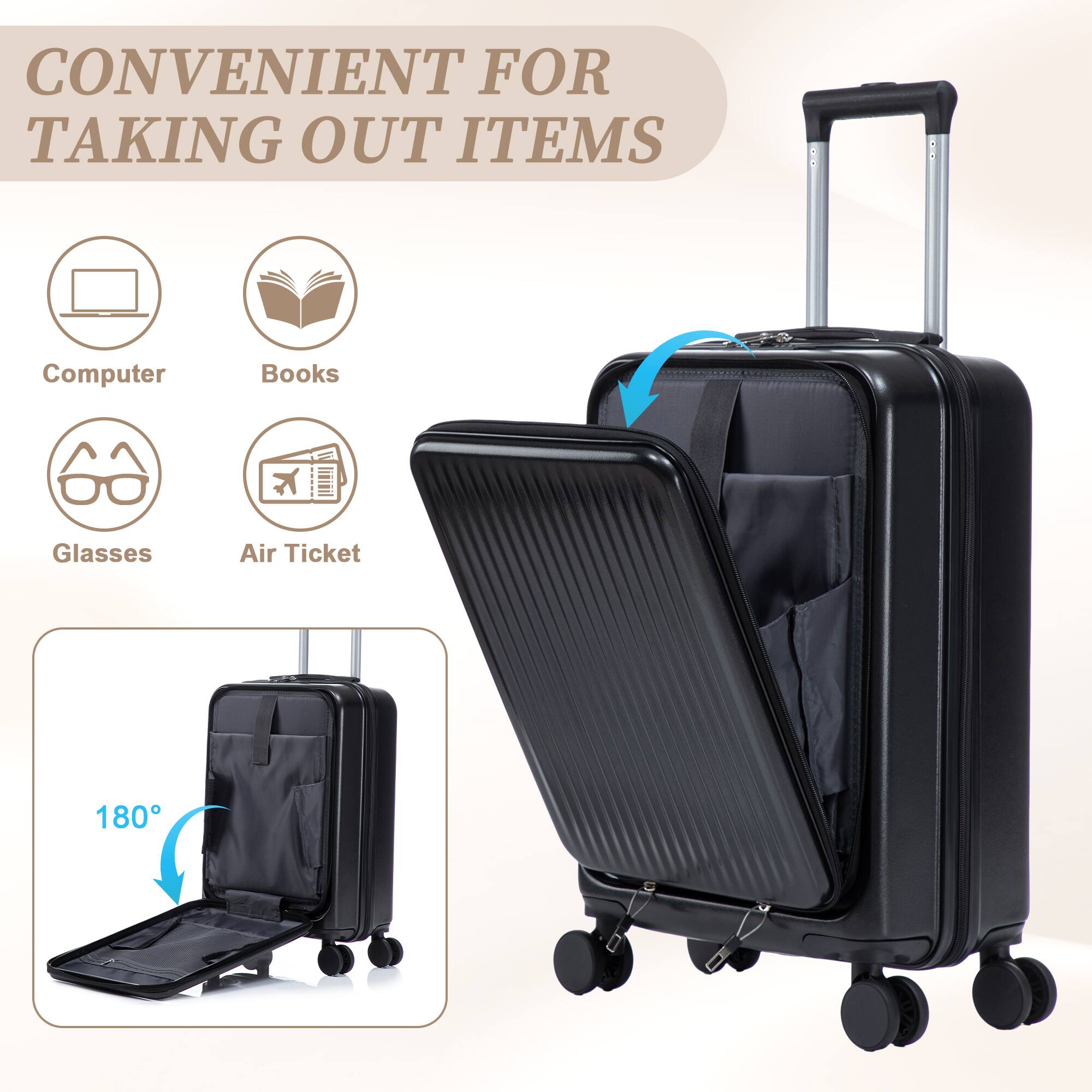 CONVENIENT FOR TAKING OUT ITEMS

Computer  
Books  
Glasses  
Air Ticket  

180°