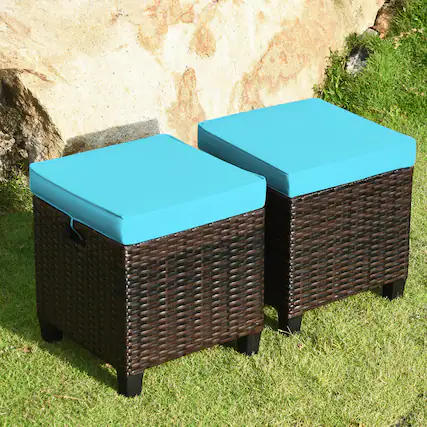 Front. Gymax - Gymax Set of 2 Patio Rattan Ottoman Footrest Garden Outdoor w/ Turquoise Cushion - Red.