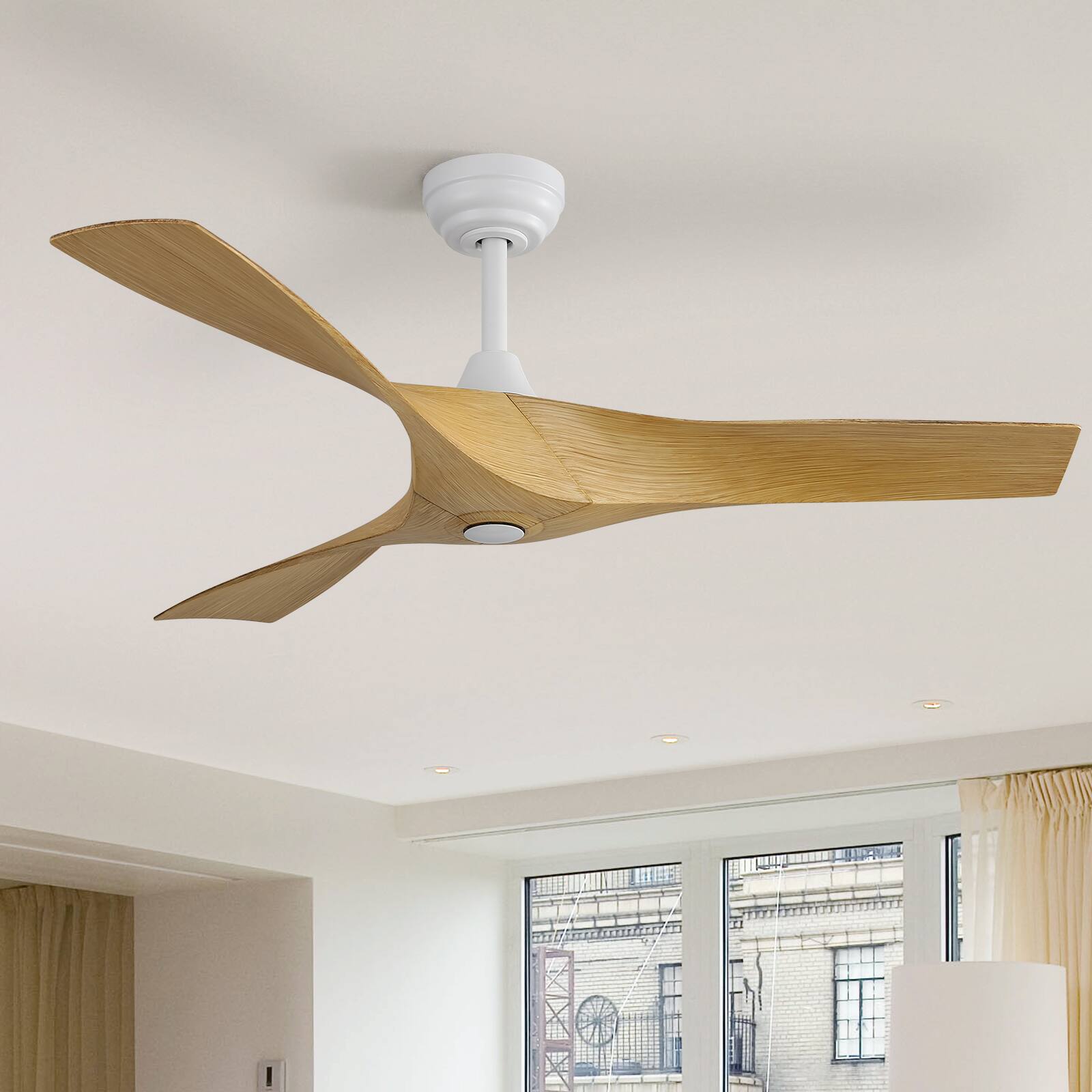 Angle. Sofucor - 52 Inch Propeller Ceiling Fan No Light Low Profile Ceiling Fans with Remote for Indoor/Outdoor Patio Living Room Bedroom - White - Light Wood Grain.