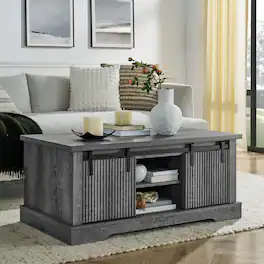 Aukfa - 41.3 Inch Coffee Table with Storage - Sliding Wood Door, Adjustable Shelves, Farmhouse Style for Living/Meeting Room - Light Gray