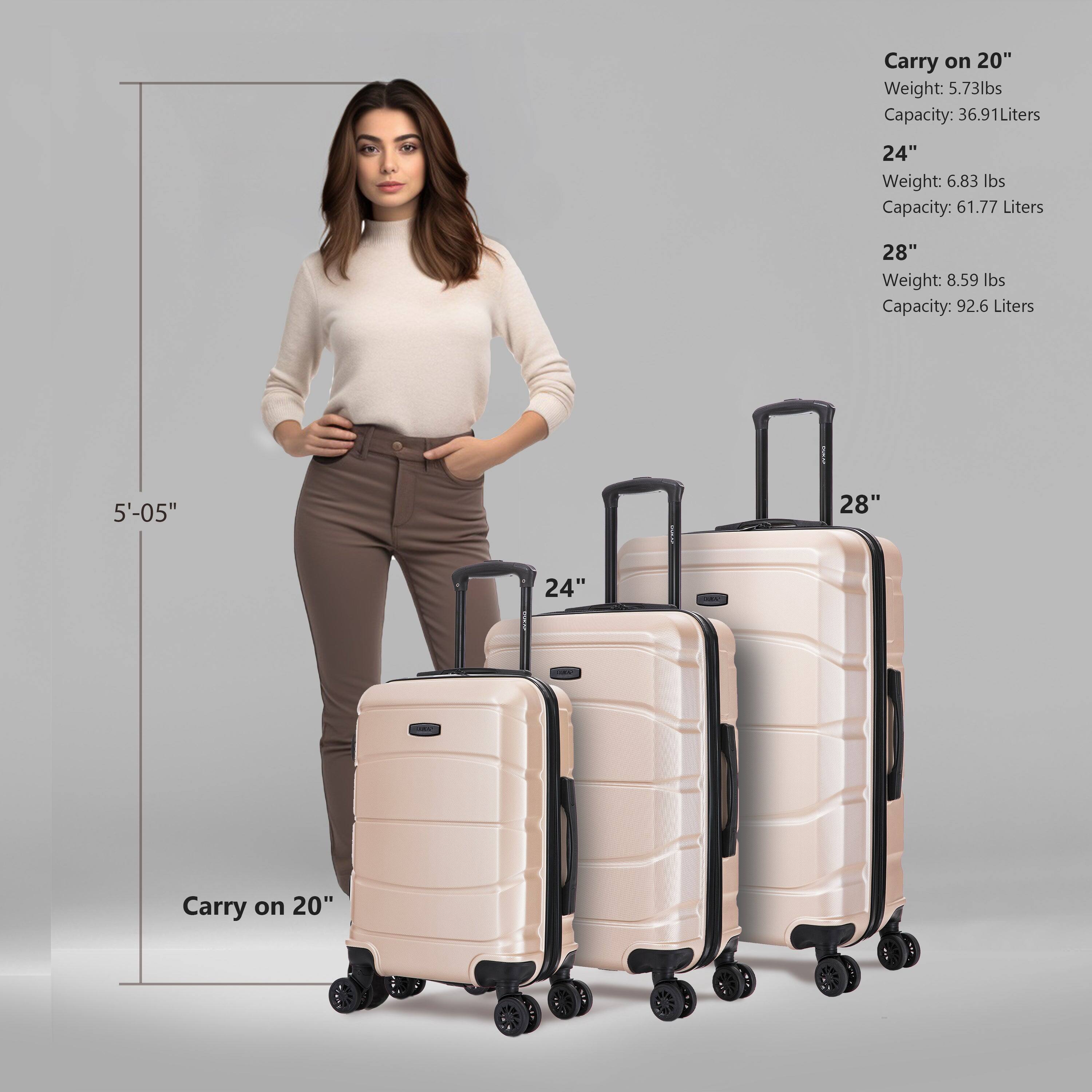 - Carry on 20"
  - Weight: 5.73 lbs
  - Capacity: 36.91 Liters

- 24"
  - Weight: 6.83 lbs
  - Capacity: 61.77 Liters

- 28"
  - Weight: 8.59 lbs
  - Capacity: 92.6 Liters

- 5'-05"
