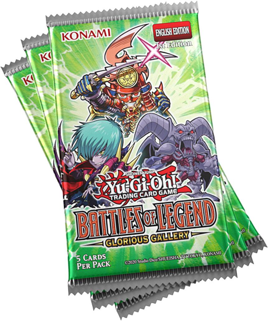 KONAMI  
ENGLISH EDITION  
1st Edition  
SHONEN JUMP  
Yu-Gi-Oh!  
CARD GAME  
TRADING  
BATTLES OF LEGEND  
GLORIOUS GALLERY  
TOKYO  
KONAMI  
5 CARDS  
SHUEISHA  
©2020 Studio Dice  
PER PACK