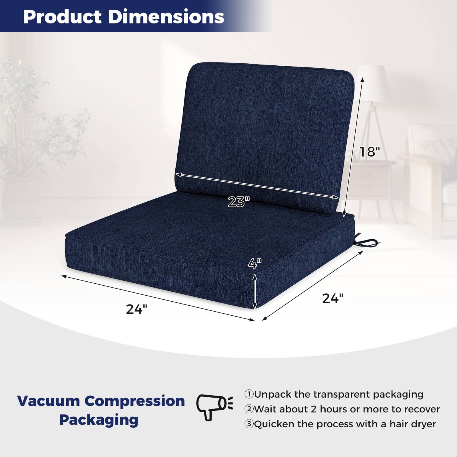 **Product Dimensions**

- 18"
- 23"
- 4"
- 24"
- 24"

**Vacuum Compression Packaging**

1. Unpack the transparent packaging
2. Wait about 2 hours or more to recover
3. Quicken the process with a hair dryer