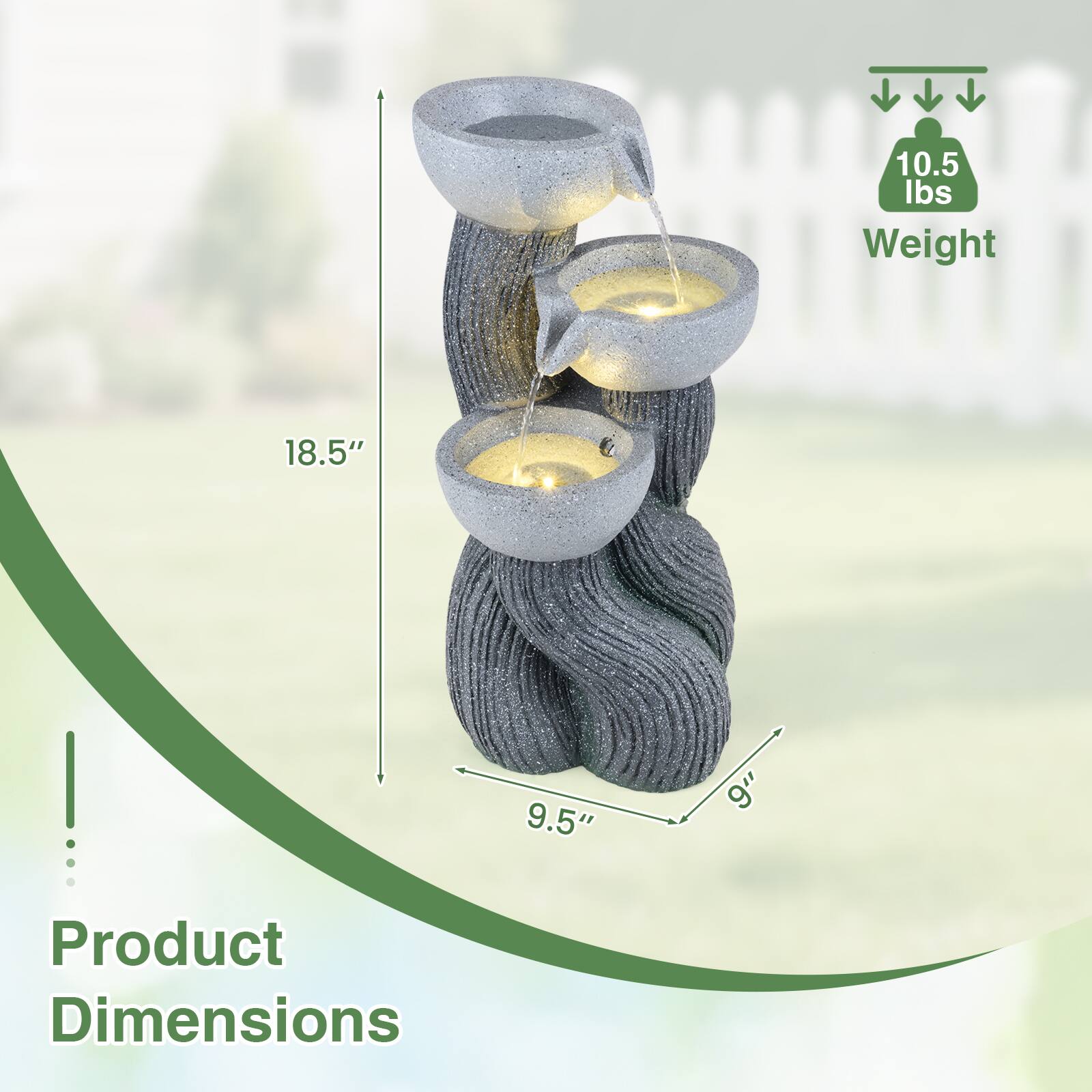 10.5 lbs Weight  
18.5"  
9.5"  
9"  
Product Dimensions