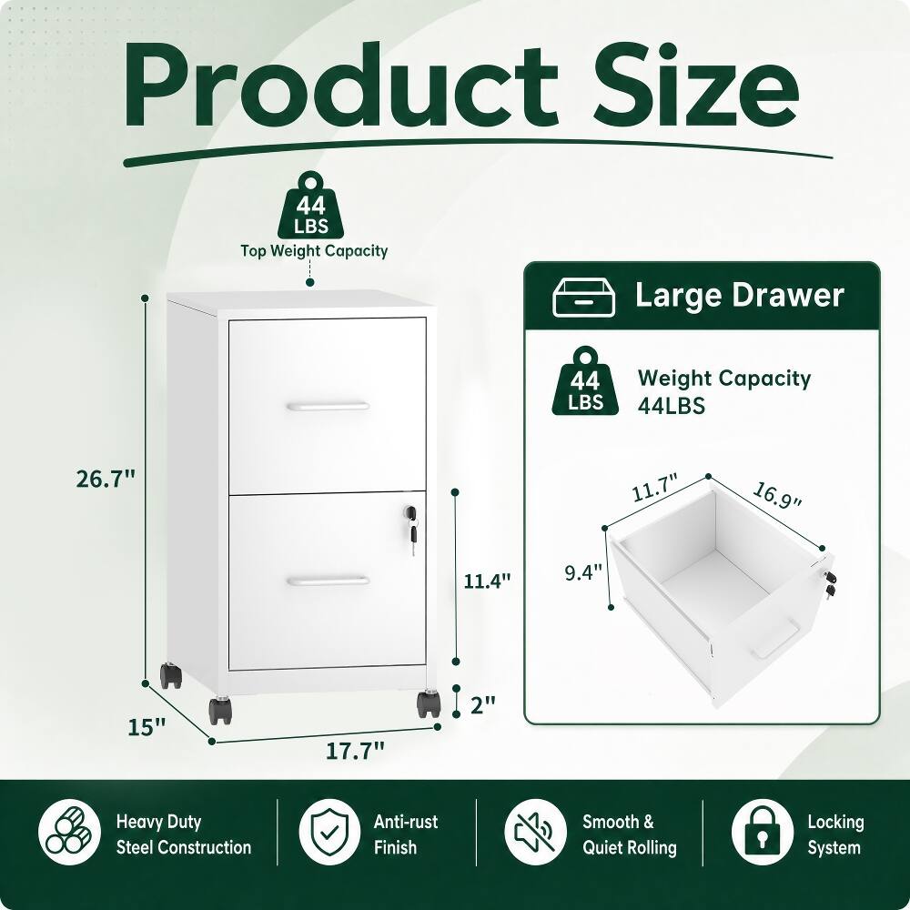 Product Size

- 44 LBS Top Weight Capacity
- Large Drawer
- 44 LBS Weight Capacity
- 26.7" Height
- 11.7" Width
- 16.9" Depth
- 11.4" Drawer Height
- 9.4" Drawer Width
- 15" Width
- 17.7" Depth
- 2" Height

Features:
- Heavy Duty Steel Construction
- Anti-rust Finish
- Smooth & Quiet Rolling
- Locking System