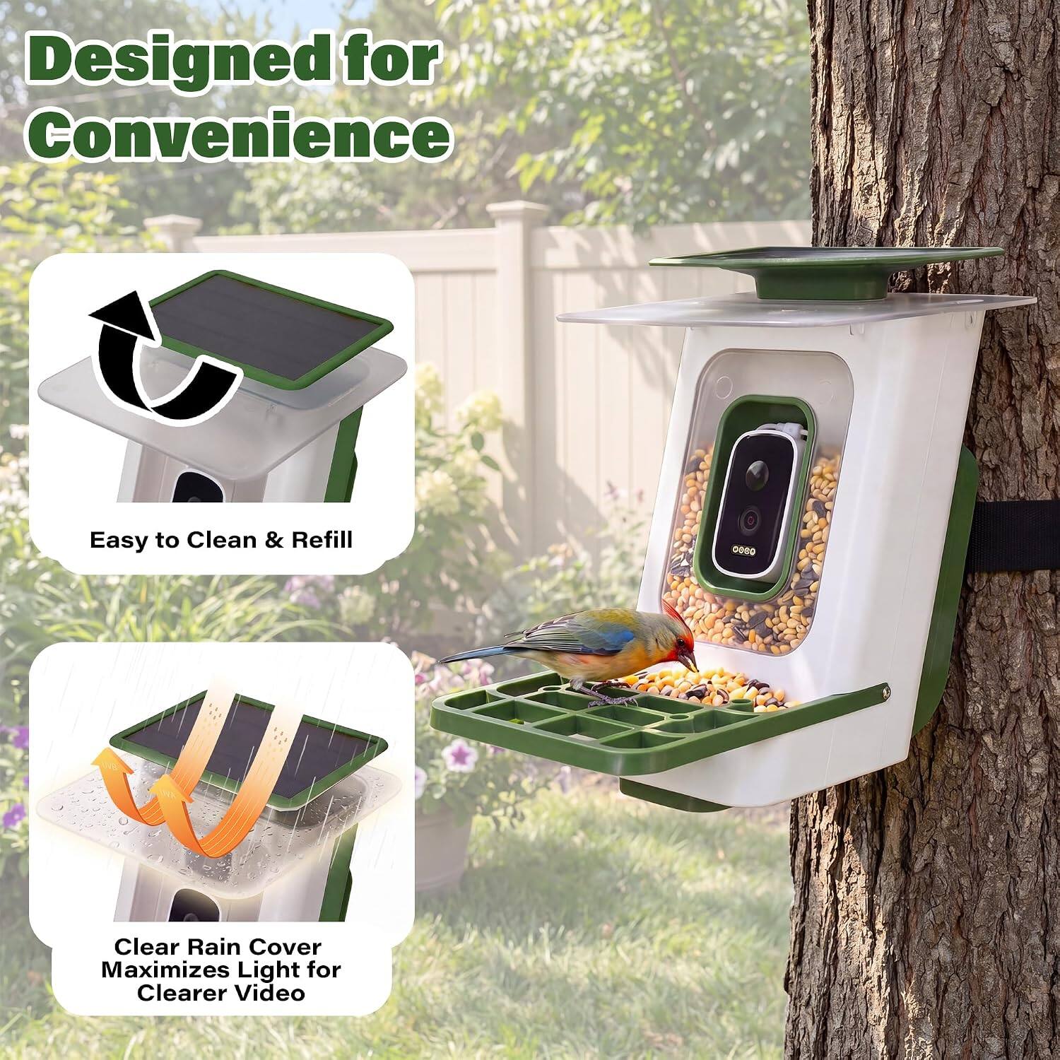 Designed for Convenience  
Easy to Clean & Refill  
Clear Rain Cover Maximizes Light for Clearer Video