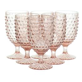 Martha Stewart - 6 Piece 14.2 Ounce Clear Glass Hobnail Goblet Drinkware Set - Pink