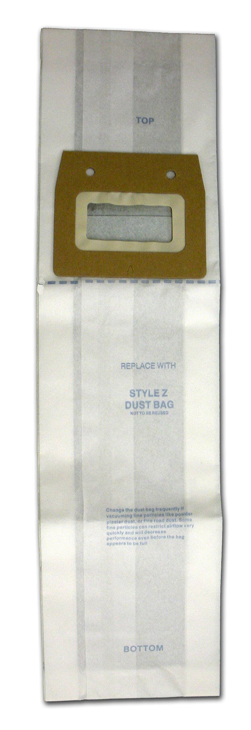 TOP

REPLACE WITH  
STYLE Z  
DUST BAG  
NOT TO BE REUSED

Change the dust bag frequently if vacuuming fine particles like powder plaster dust, or fine road dust. Some fine particles can restrict airflow very quickly and will decrease performance even before the bag appears to be full.

BOTTOM