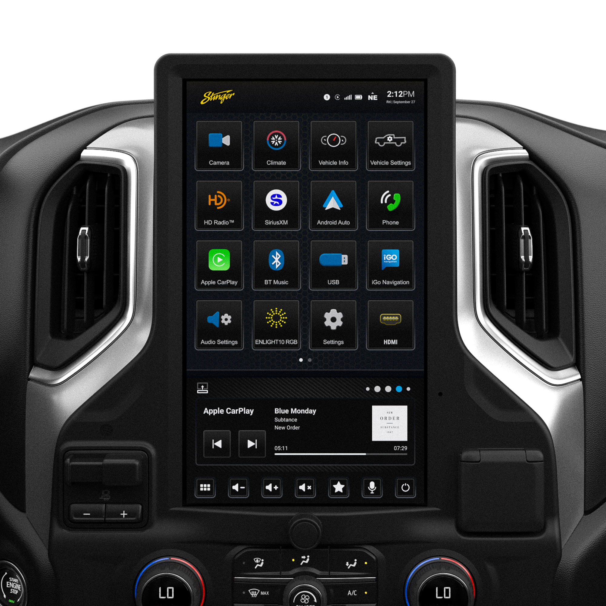 Stinger - 2:12PM NE  
- Camera  
- Climate  
- Vehicle Info  
- Vehicle Settings  
- HD Radio™  
- SiriusXM  
- Apple CarPlay  
- BT Music  
- Android Auto  
- Phone  
- USB  
- IGo Navigation  
- Audio Settings  
- ENLIGHT10 RGB  
- Settings  
- HDMI  
- Apple CarPlay  
- Blue Monday  
- Substance  
- New Order  
- 05:11  
- 02  
- +  
- -  
- So  
- ENGRE  
- RAS  
- A/C