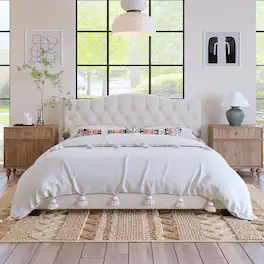 GOODSILO - Luxury Upholstered Platform Bed with Adjustable Headboard and Diamond Tufted Details - Beige