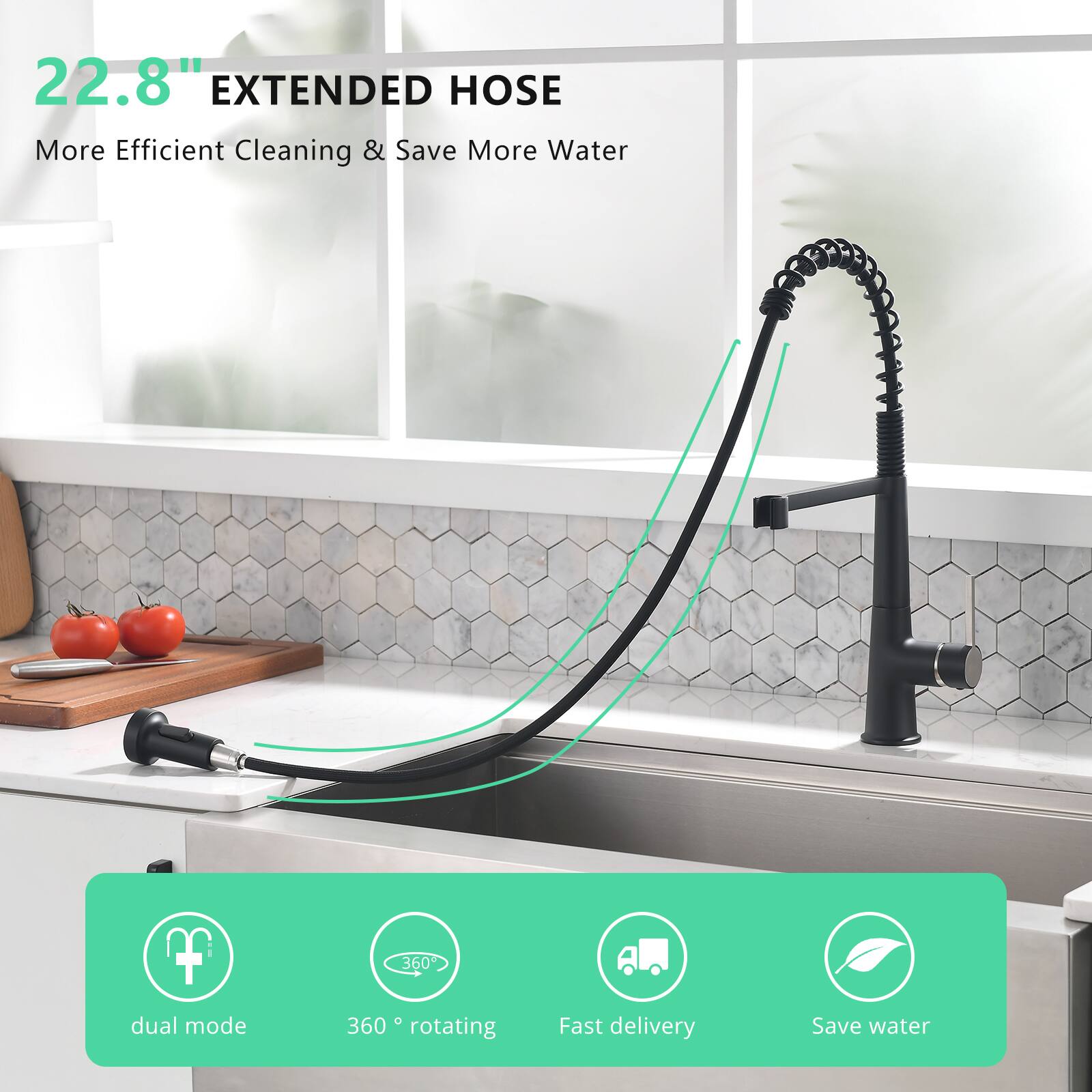 22.8" EXTENDED HOSE  
More Efficient Cleaning & Save More Water  

- dual mode  
- 360° rotating  
- Fast delivery  
- Save water