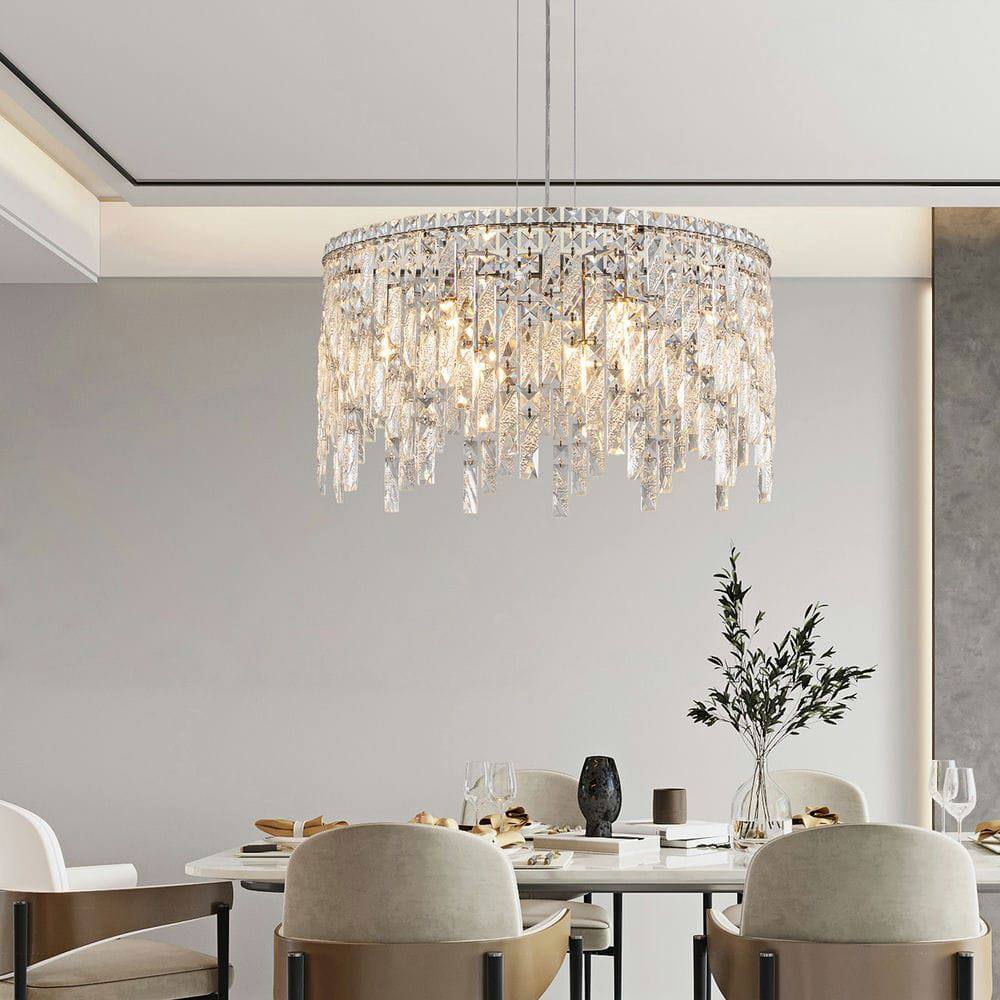 Alt View 4. Kadyn - 24" Luxurious Round Silver Crystal Chandelier, Contemporary Rectangular Pendant Light for Dining Room, Chrome - Silver.