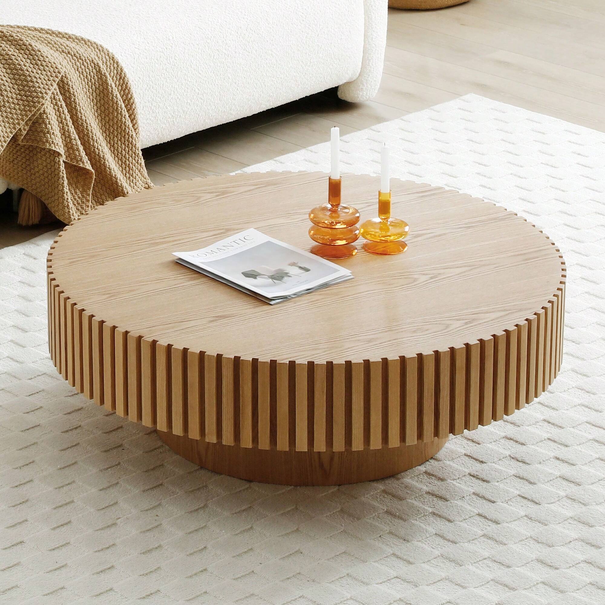 Back. Trinkets Crazed - 39.37" Round Coffee Table Wood,Circle Coffee Table, Drum Fluted Coffee Accent End Side Center Table - Natural.