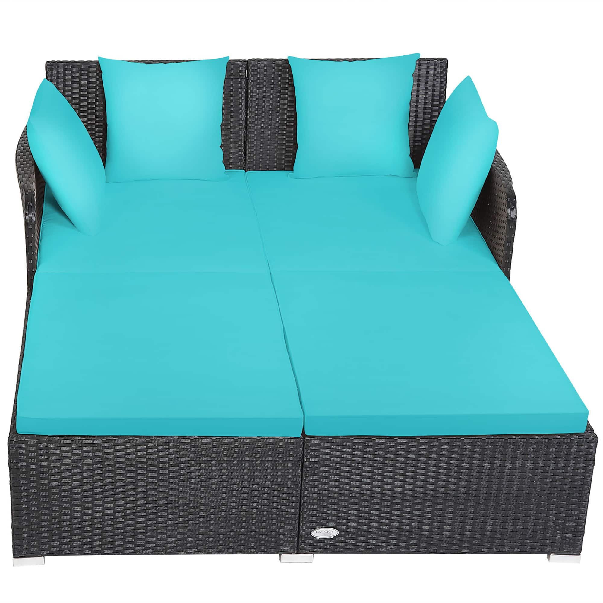 Front. Costway - Outdoor Patio Rattan Daybed Pillows Cushioned Sofa Furniture - Turquoise.