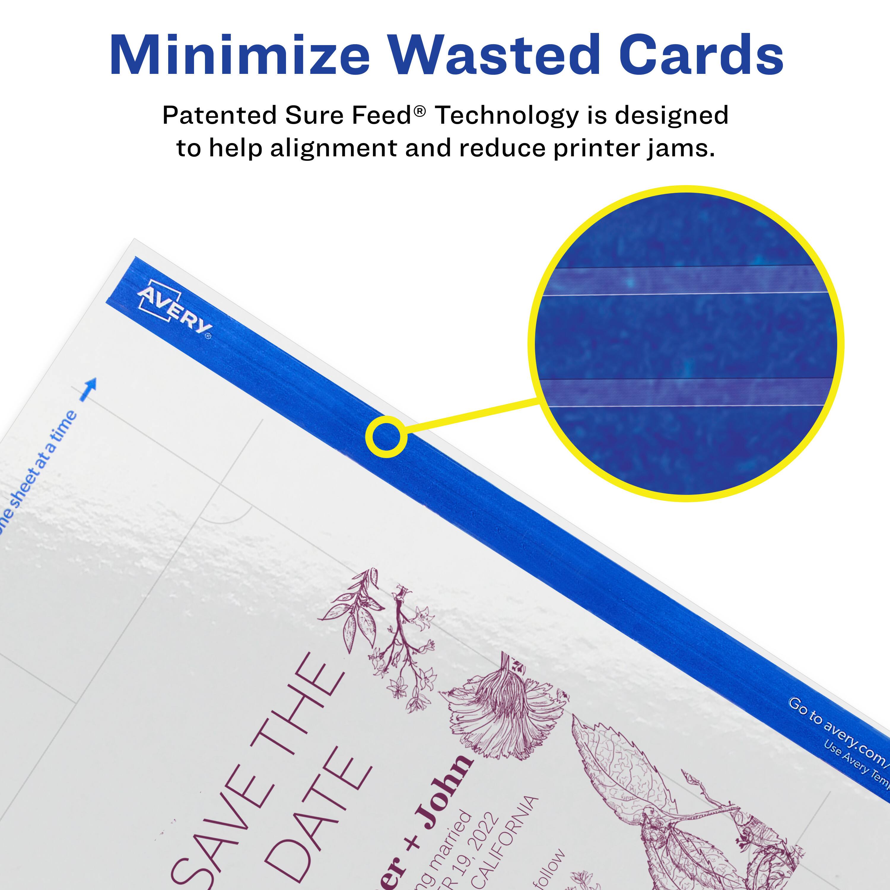 Minimize Wasted Cards

Patented Sure Feed® Technology is designed to help alignment and reduce printer jams.

AVERY S4

SAVE THE DATE

John + Joan
Married 19. Dec 2022
CALIFORNIA

Go to avery.com/ Use Avery Templates