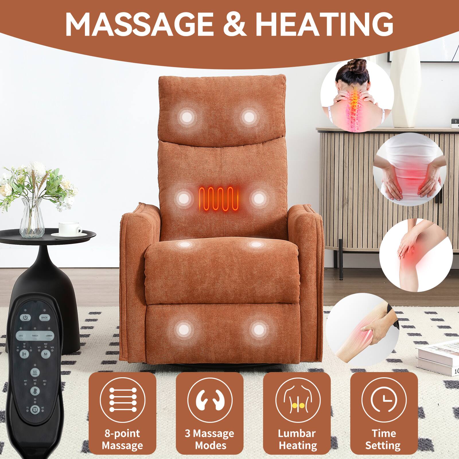MASSAGE & HEATING

- 8-point Massage
- 3 Massage Modes
- Lumbar Heating
- Time Setting