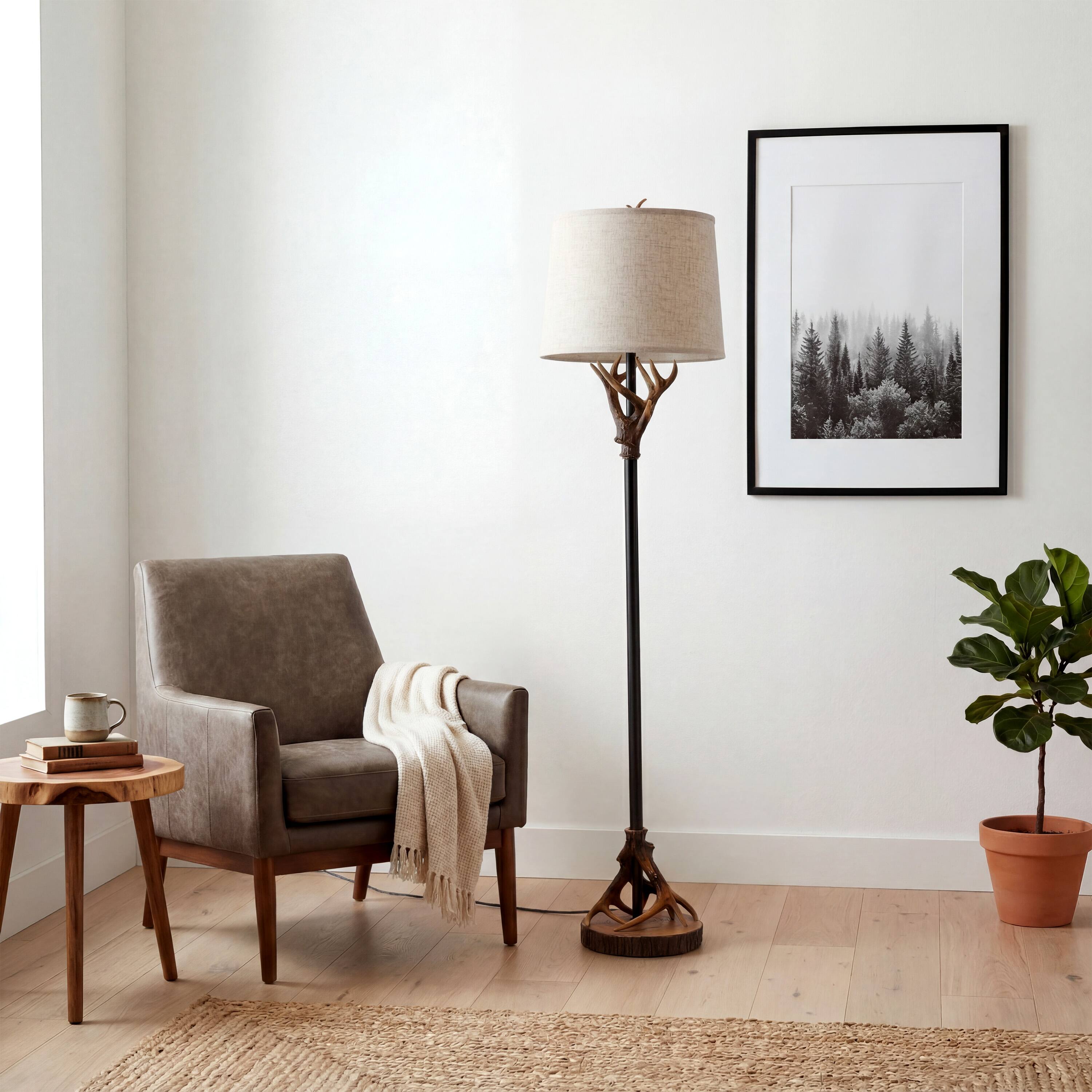 Alt View 6. Jonathan Y - Benjamin 61" Rustic Farmhouse Metal and Resin Antler Floor Lamp with Beige Linen Shade and Wood-Slice Base, Brown/Black - Brown/Black.