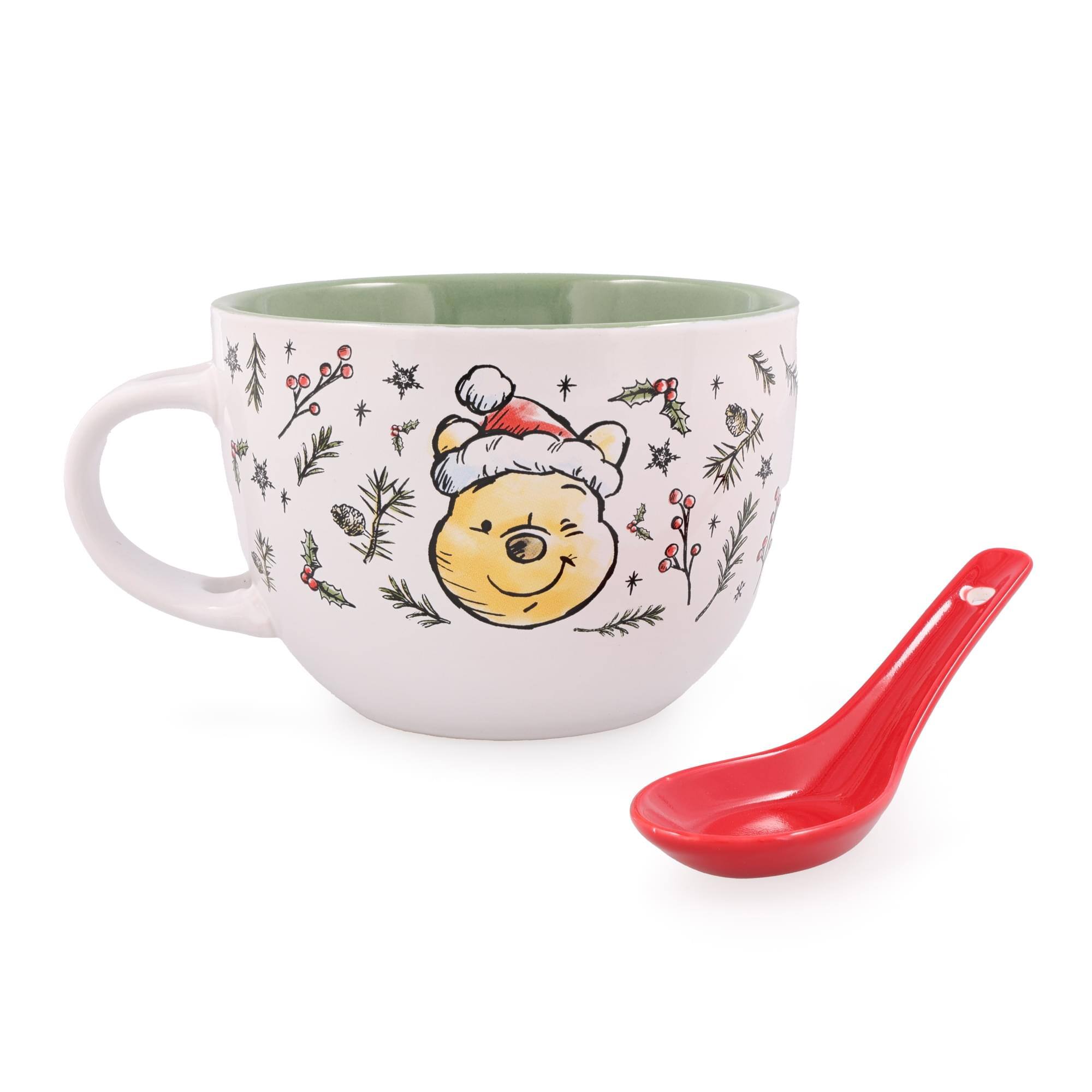 Front. Disney - Disney Winnie the Pooh Holly Ceramic Soup Mug With Spoon | Holds 24 Ounces - White.