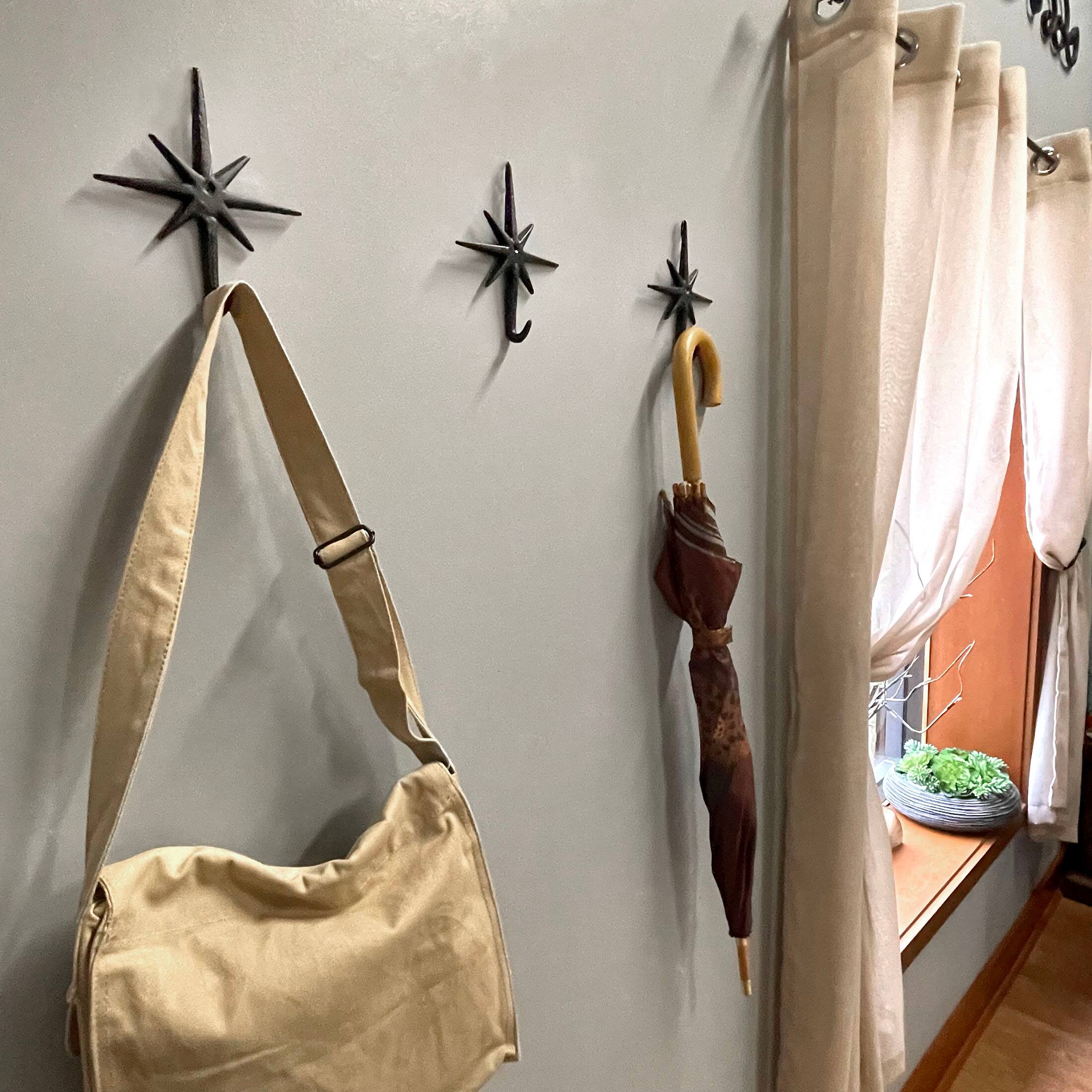 Alt View 3. Zeckos - Set of 3 Black Finish Cast Iron Atomic Starburst Wall Hooks - Black.