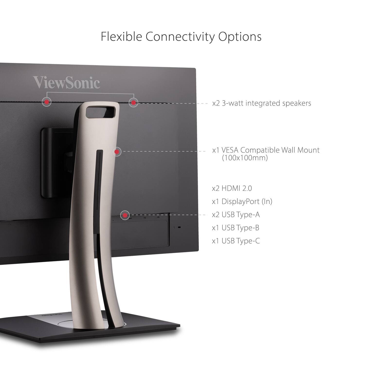 Flexible Connectivity Options

- x2 3-watt integrated speakers
- x1 VESA Compatible Wall Mount (100x100mm)
- x2 HDMI 2.0
- x1 DisplayPort (In)
- x2 USB Type-A
- x1 USB Type-B
- x1 USB Type-C
