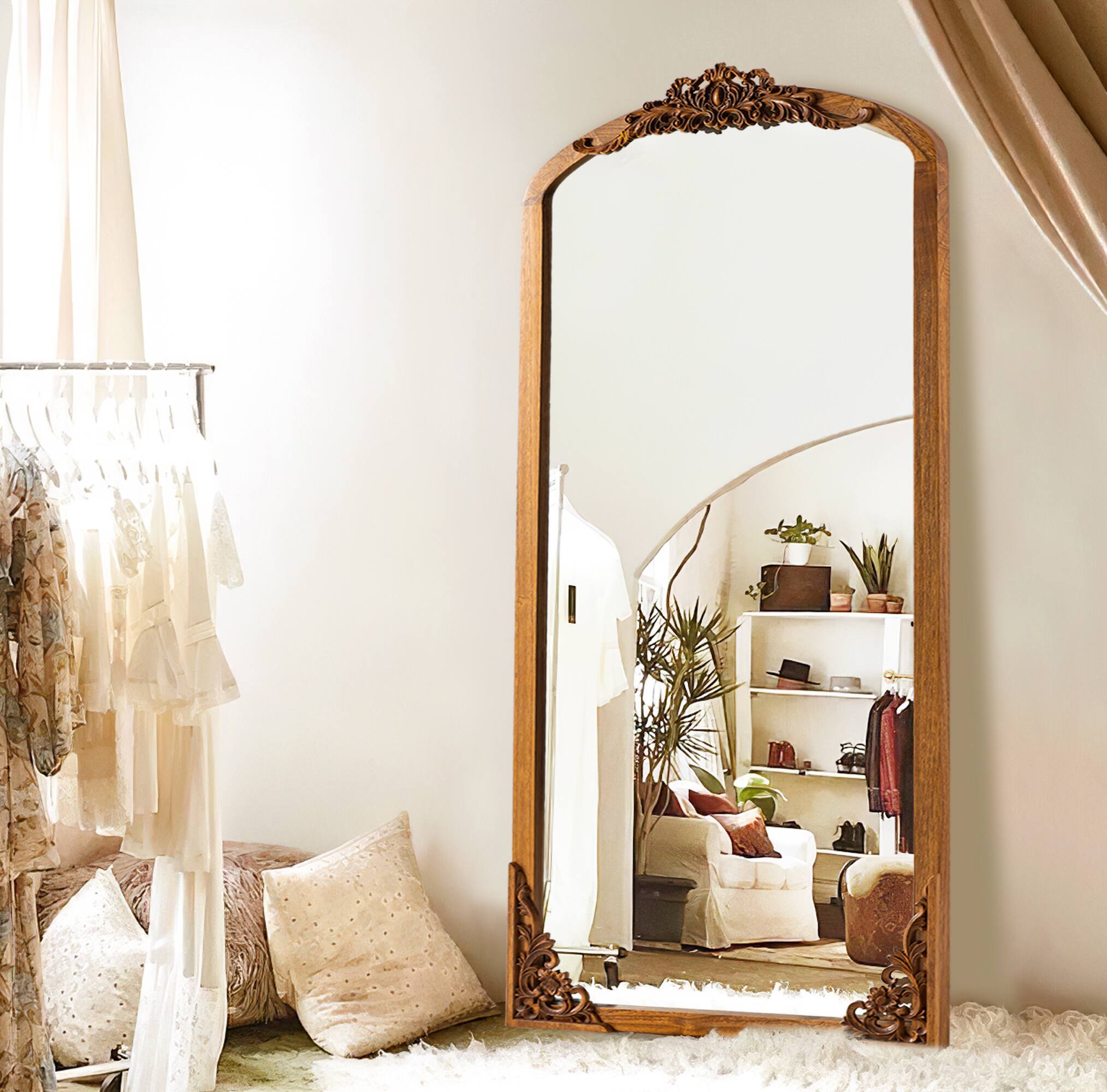 Alt View 1. PexFix - 30x69" Full Length Mirror, Carved Wooden Frame, Wall Mount or Leaning Floor Mirror for Bedroom & Entryway - Gold.