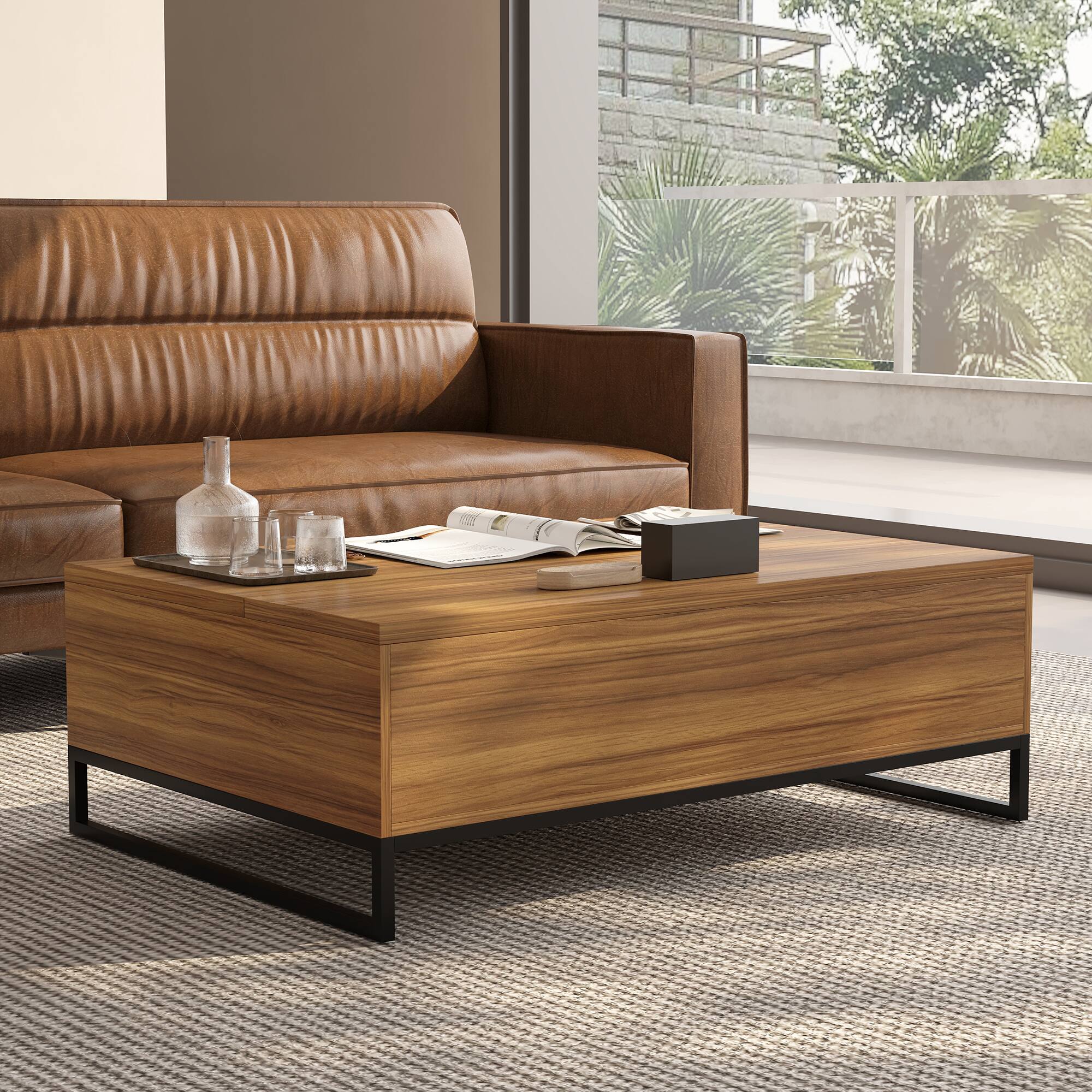 Alt View 1. luck idea - Modern 51.1" Lift-top Coffee Table with Storage Drawers Walnut Color living rooms - brown.