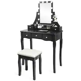 Costway - Vanity Dressing Table Set w/Removable Box &10 Dimmable Bulbs Touch Switch - Black
