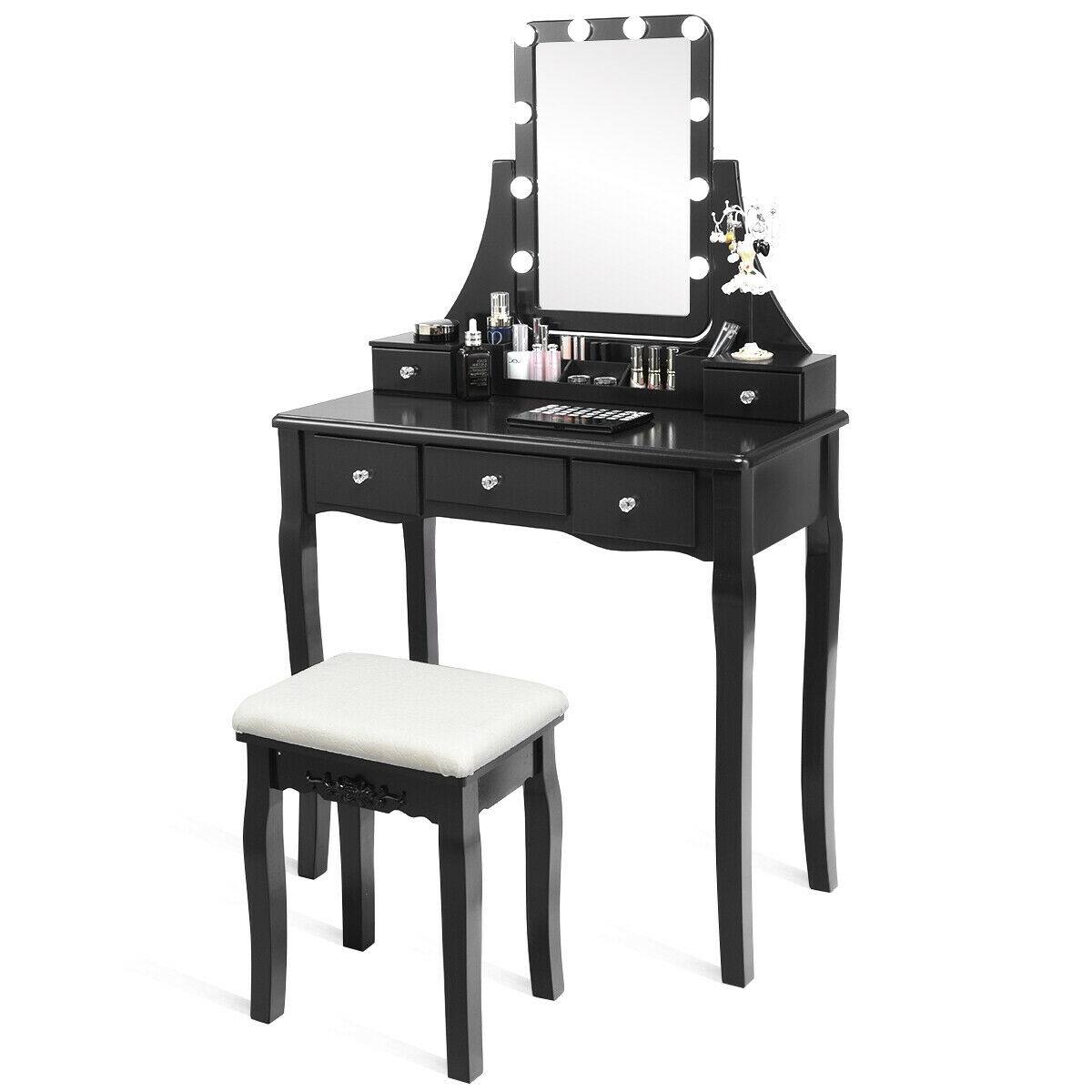 Front. Costway - Costway Vanity Dressing Table Set w/Removable Box &10 Dimmable Bulbs Touch Switch - Black.