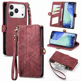 Dteck - Magnetic Wallet Case For Apple iPhone 18 Pro Max, Shockproof Zipper Kickstand Card Holder with Lanyard Flip Cover - Red