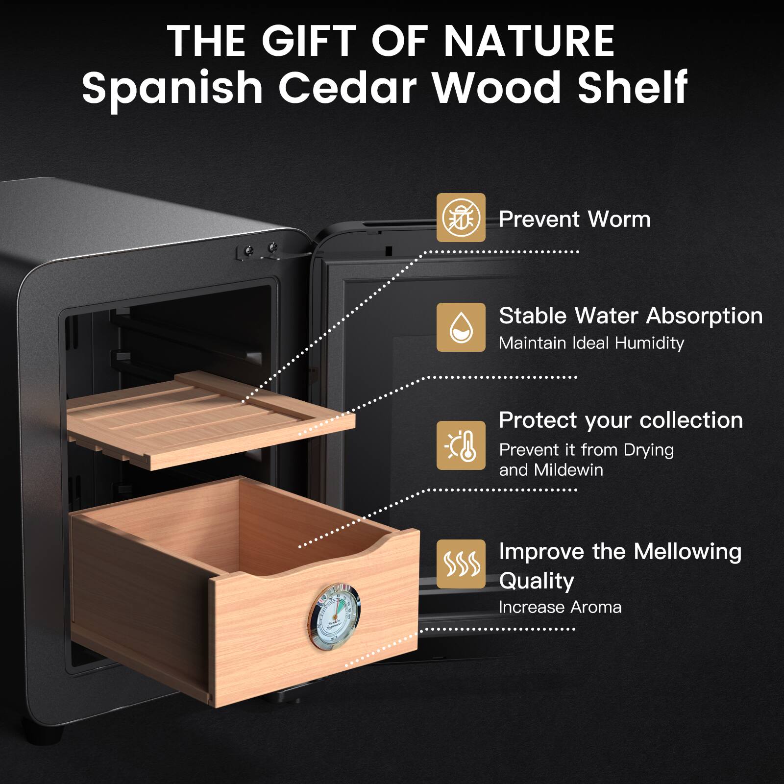 THE GIFT OF NATURE  
Spanish Cedar Wood Shelf  

- Prevent Worm  
- Stable Water Absorption  
  Maintain Ideal Humidity  
- Protect your collection  
  Prevent it from Drying and Mildew  
- Improve the Mellowing Quality  
  Increase Aroma