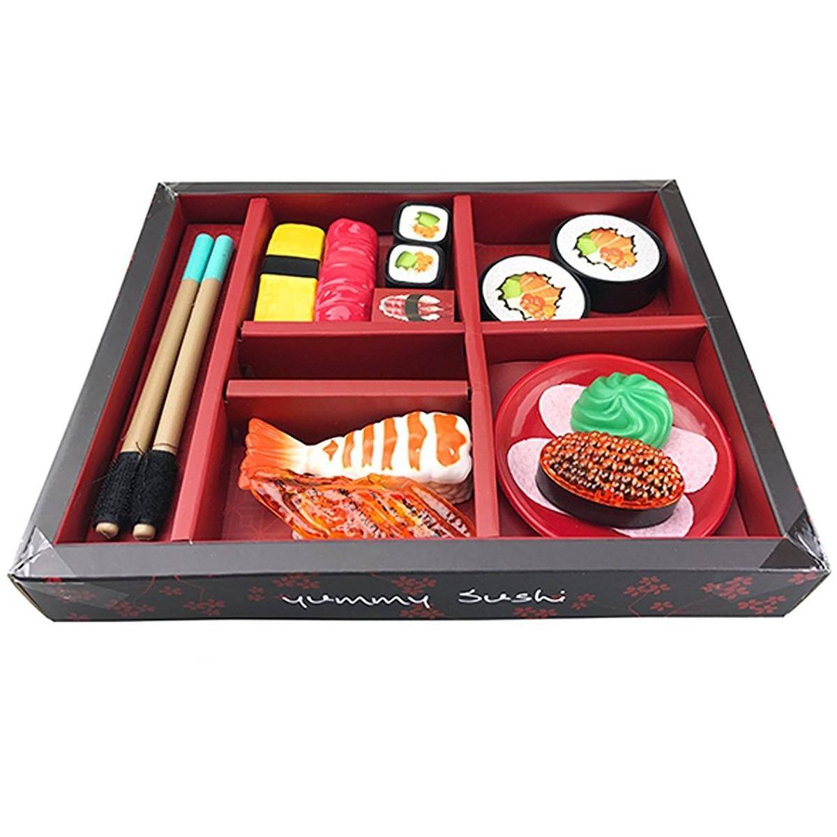 JuzToys - 21pcs Japanese Sushi Toy Bento Box – Pretend Play Cutting Food Toy Set for Kids Kitchen Playset – Black/Red - Multi
