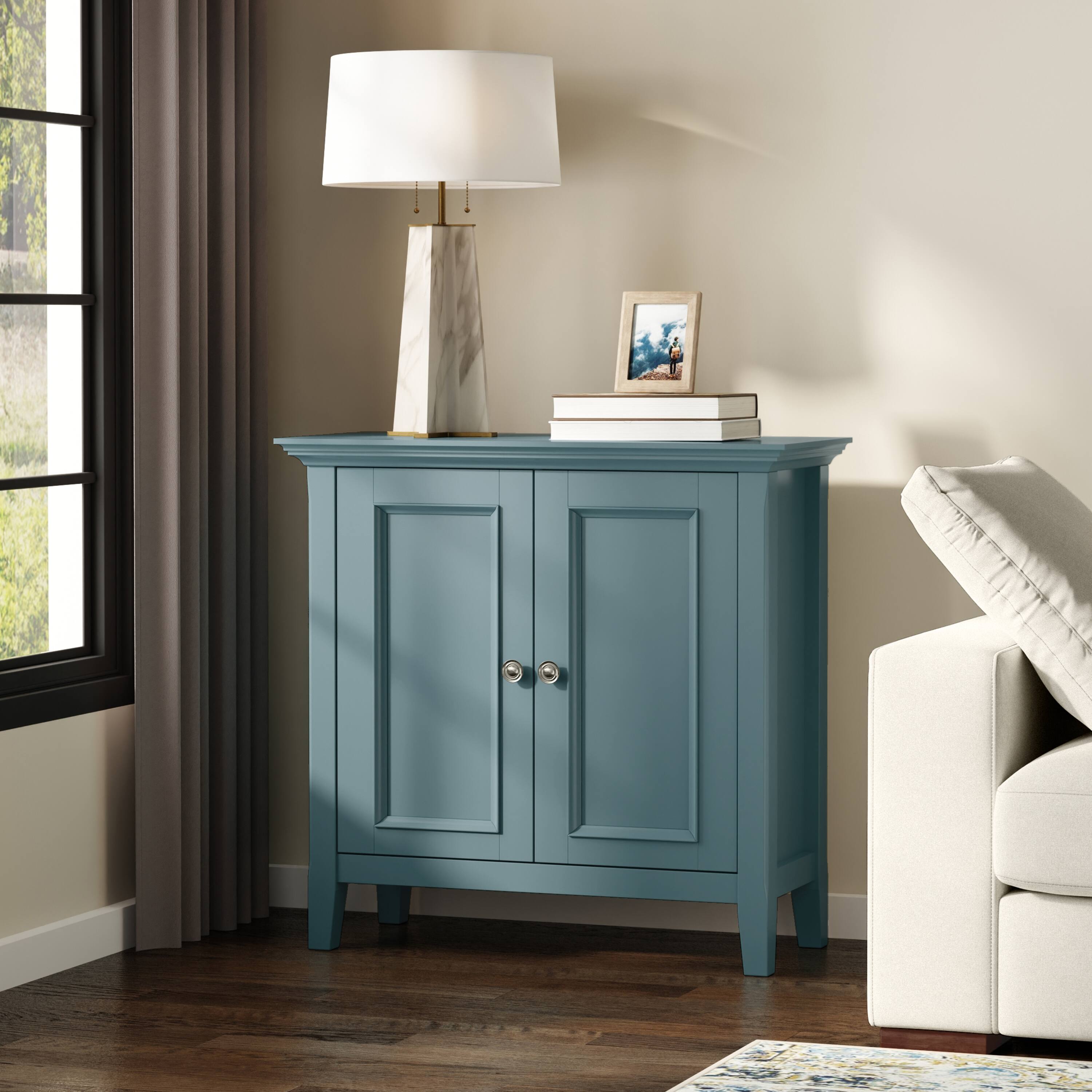 Angle. Simpli Home - Amherst 32 inch Wide Transitional Low Storage Cabinet in French Blue - French Blue.