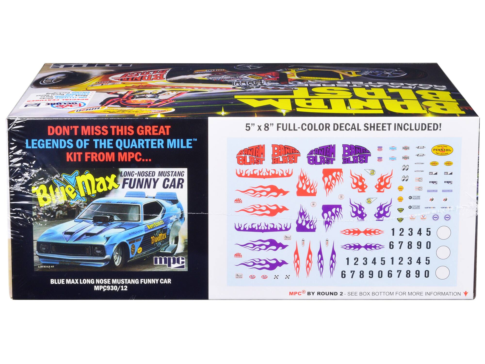 Sure, here is the corrected and grouped text from the image:

---

**Front of the Box:**

- DON'T MISS THIS GREAT
- LEGENDS OF THE QUARTER MILE™ KIT FROM MPC...
- LONG-NOSED MUSTANG FUNNY CAR
- Blue Max
- MPC930/12
- 1/25 SCALE KIT

**Side of the Box:**

- 5" x 8" FULL-COLOR DECAL SHEET INCLUDED!
- BANTAM BLAST
- BANDA BLAST
- PENNZOIL
- MPC® BY ROUND 2 - SEE BOX BOTTOM FOR MORE INFORMATION

**Decal Sheet:**

- BANTAM BLAST
- BANDA BLAST
- PENNZOIL
- (Various logos and designs)
- 1 2 3 4 5
- 6 7 8 9 0
- 1 2 3 4 5
- 6 7 8 9 0
- 6 7 8 9 0

---

This text is organized to reflect the layout and content of the image.