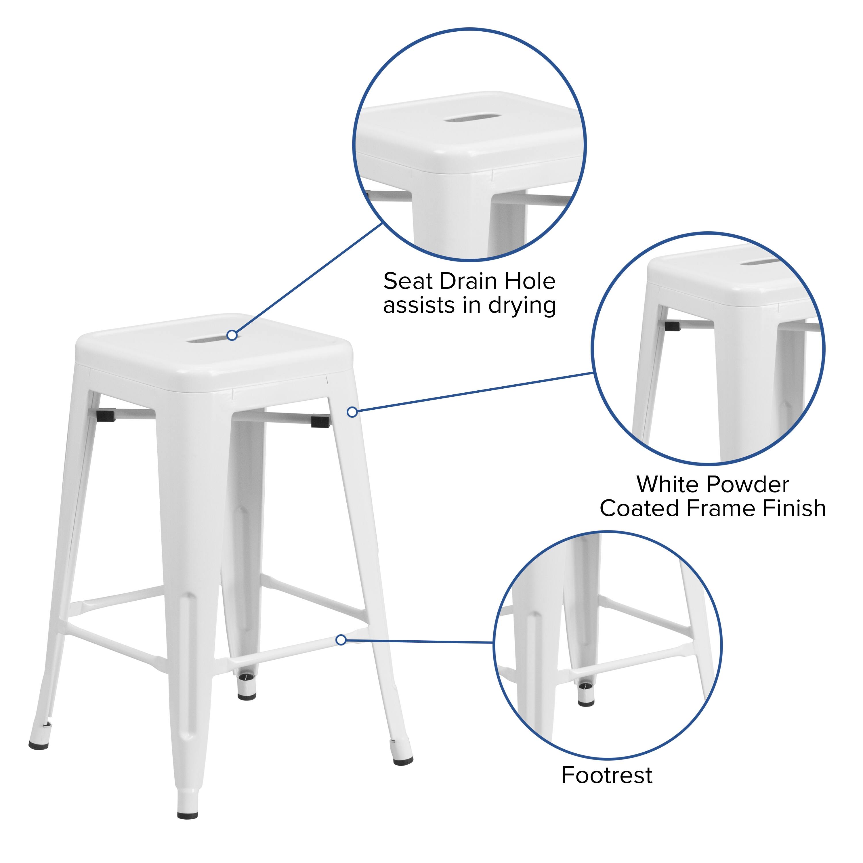 Seat Drain Hole assists in drying  
White Powder Coated Frame Finish  
Footrest