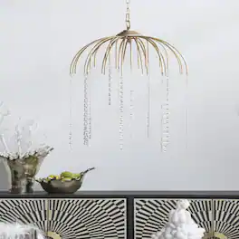 Loheer - Vintage Gold Glass Bead Chandelier, Umbrella Shaped Hanging Light, 20 in. Wide