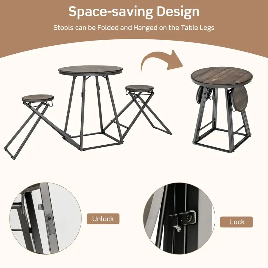 Space-saving Design: Stools can be Folded and Hanged on the Table Legs. Unlock Lock.