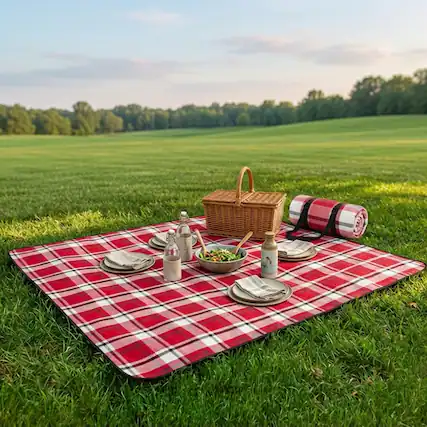 Front. Adivo - Waterproof Outdoor Picnic Blanket - Acrylic Fabric with Plaid Print, Multiple Sizes - 150*200cm - Red tartan.