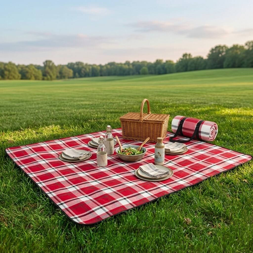 Front. Adivo - Waterproof Outdoor Picnic Blanket - Acrylic Fabric with Plaid Print, Multiple Sizes  - 150*200cm - Red tartan.