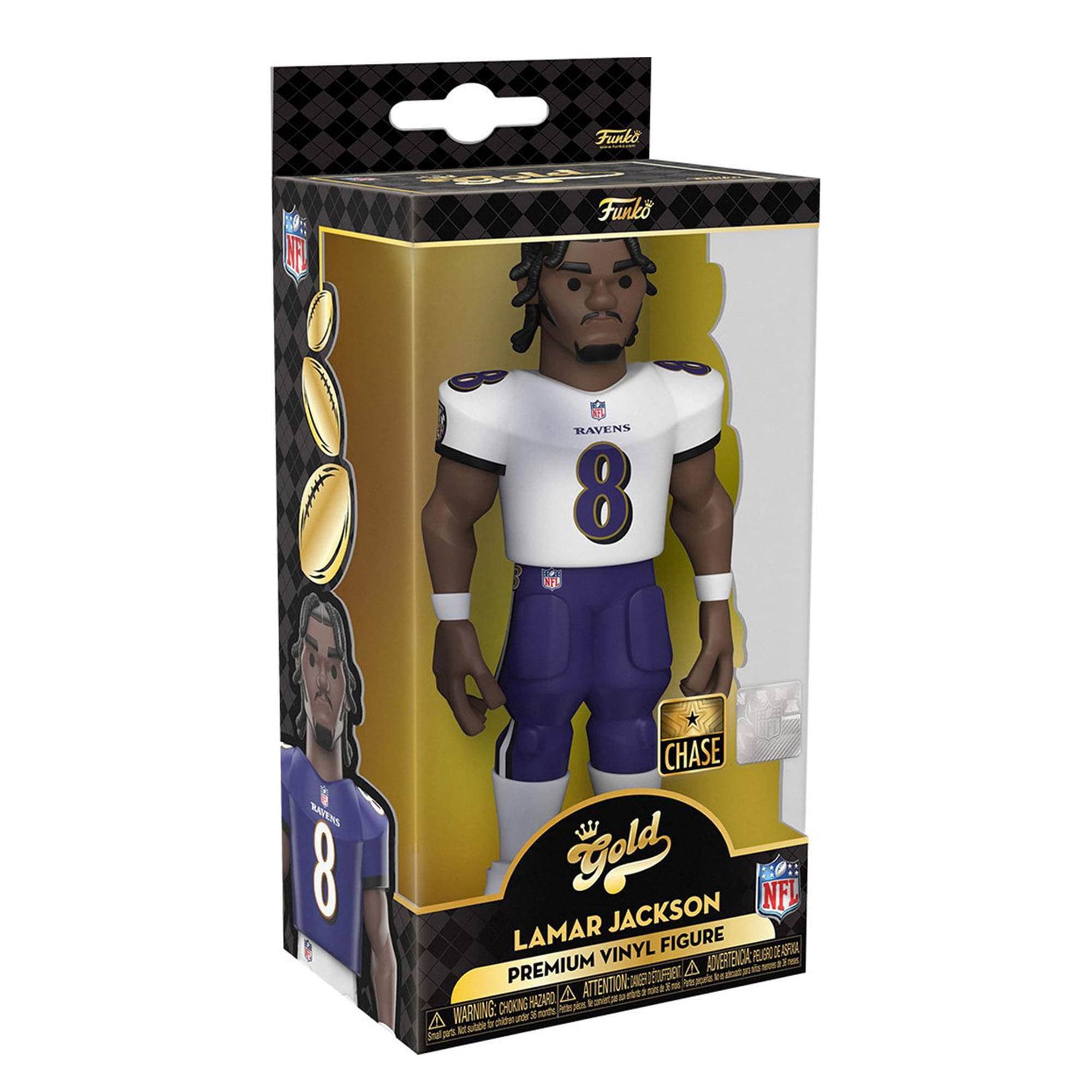 Funko  
Funko Ravens 8 Chase Gold NFL Lamar Jackson Premium Vinyl Figure  
Attention: Choking Hazard - Small parts. Not for children under 3 years.  
NFL  
Lamar Jackson  
Premium Vinyl Figure