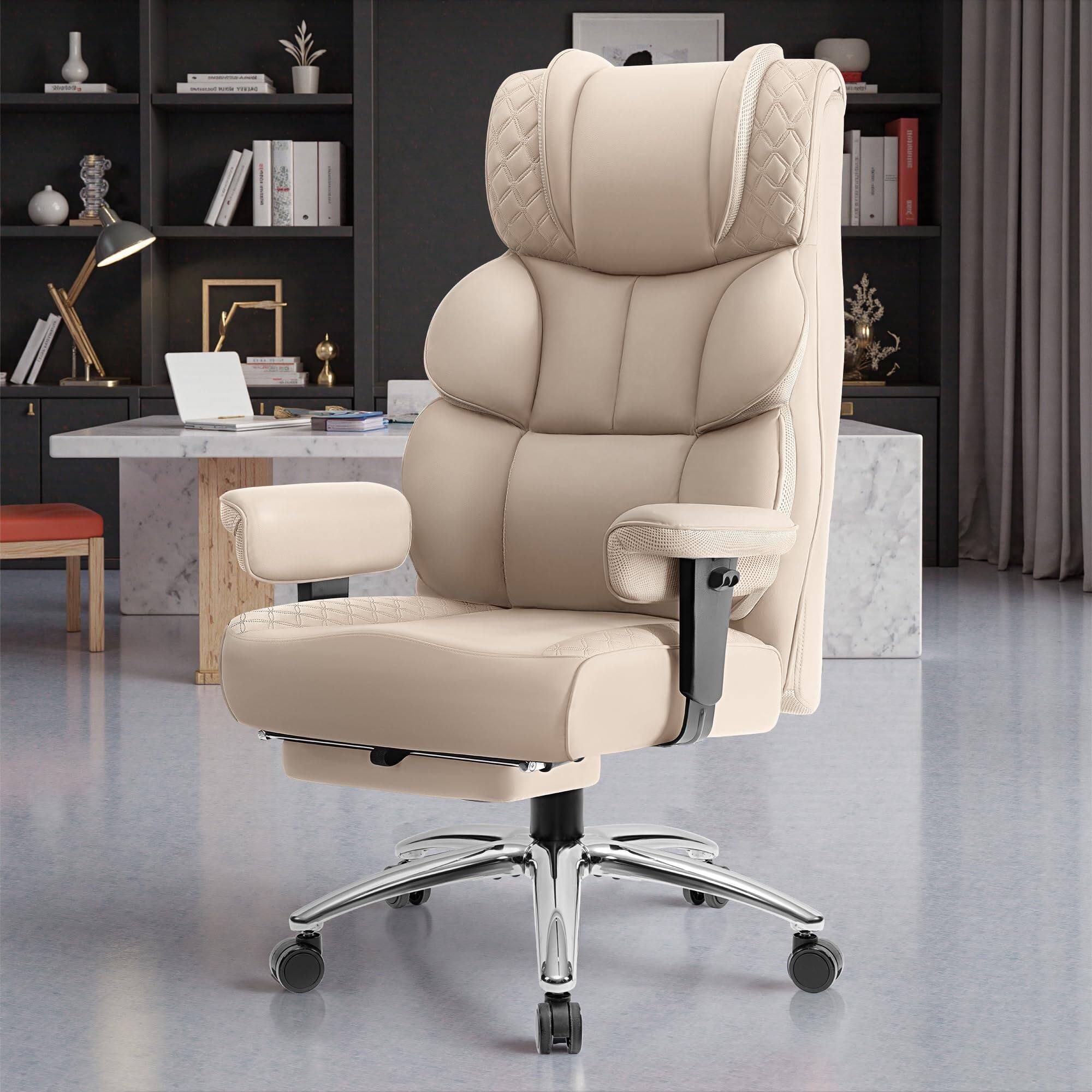 Left. Brick Attic - Big and Tall Ergonomic Office Chair, Wide Executive Leather Reclining Gaming Chair with Footrest, Beige - Beige.